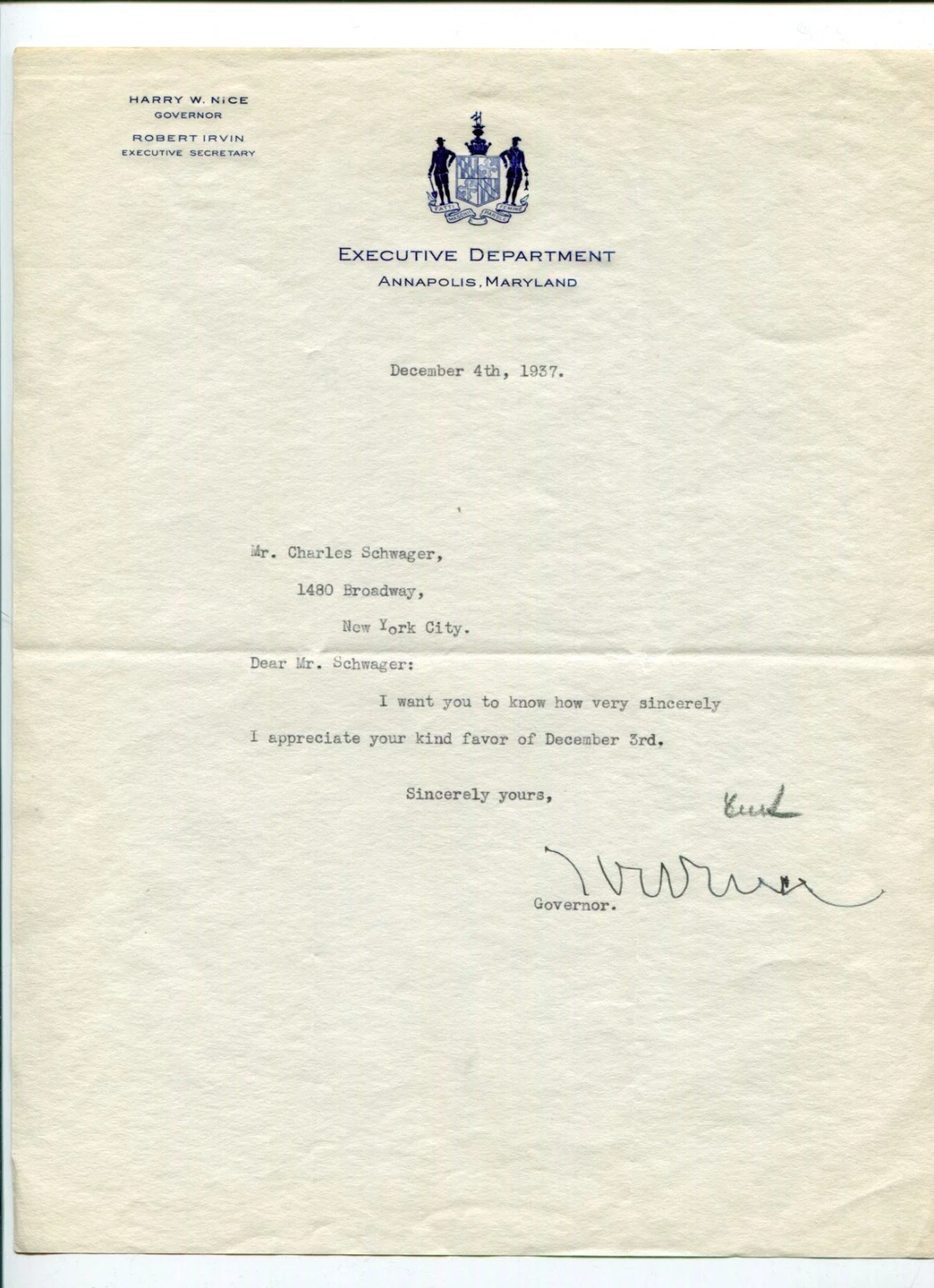 Harry Nice Governor Of Maryland Signed Autograph Letter TSL