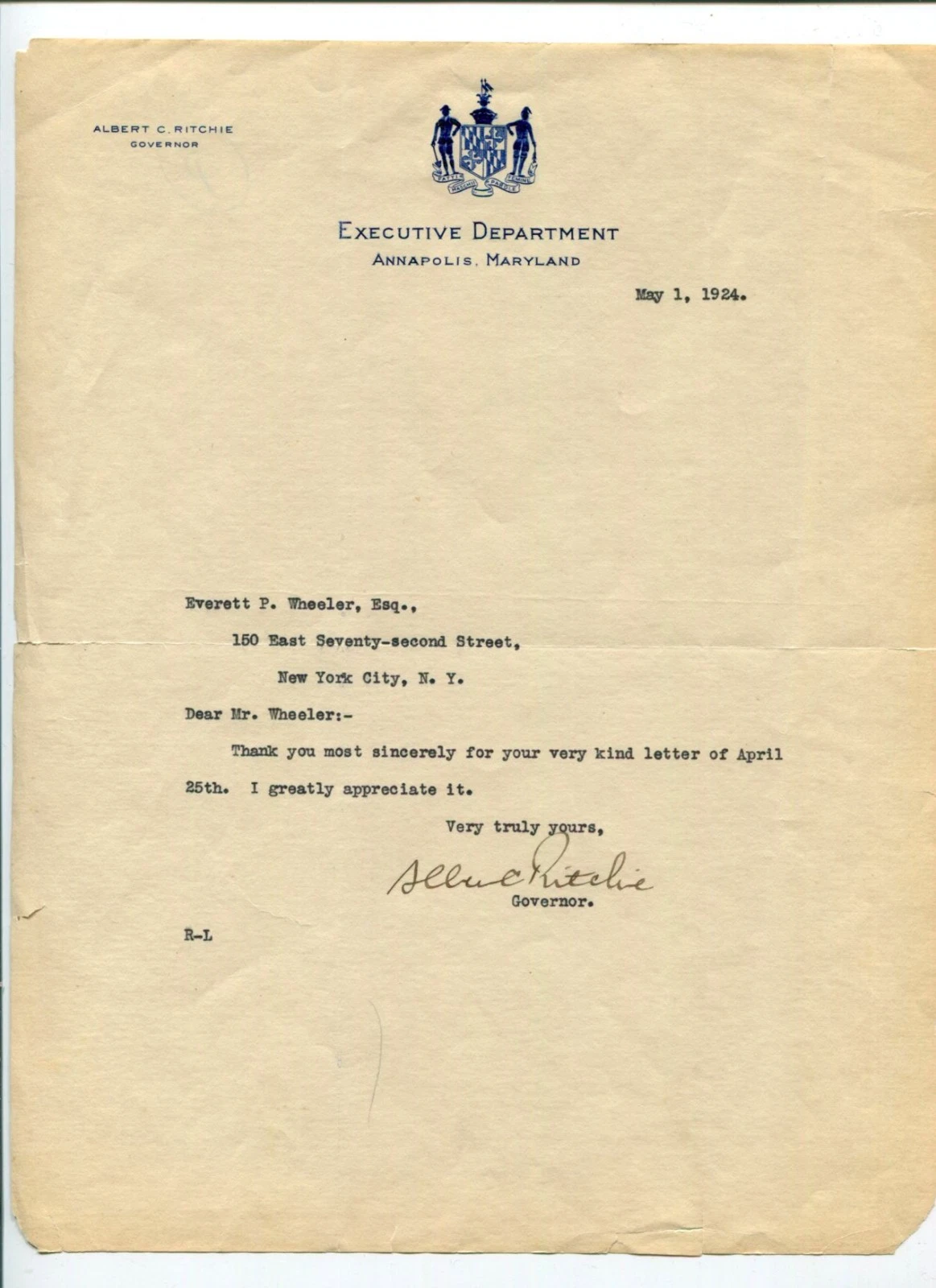 Albert Ritchie Governor Maryland Presidential Nominee Signed Autograph TSL