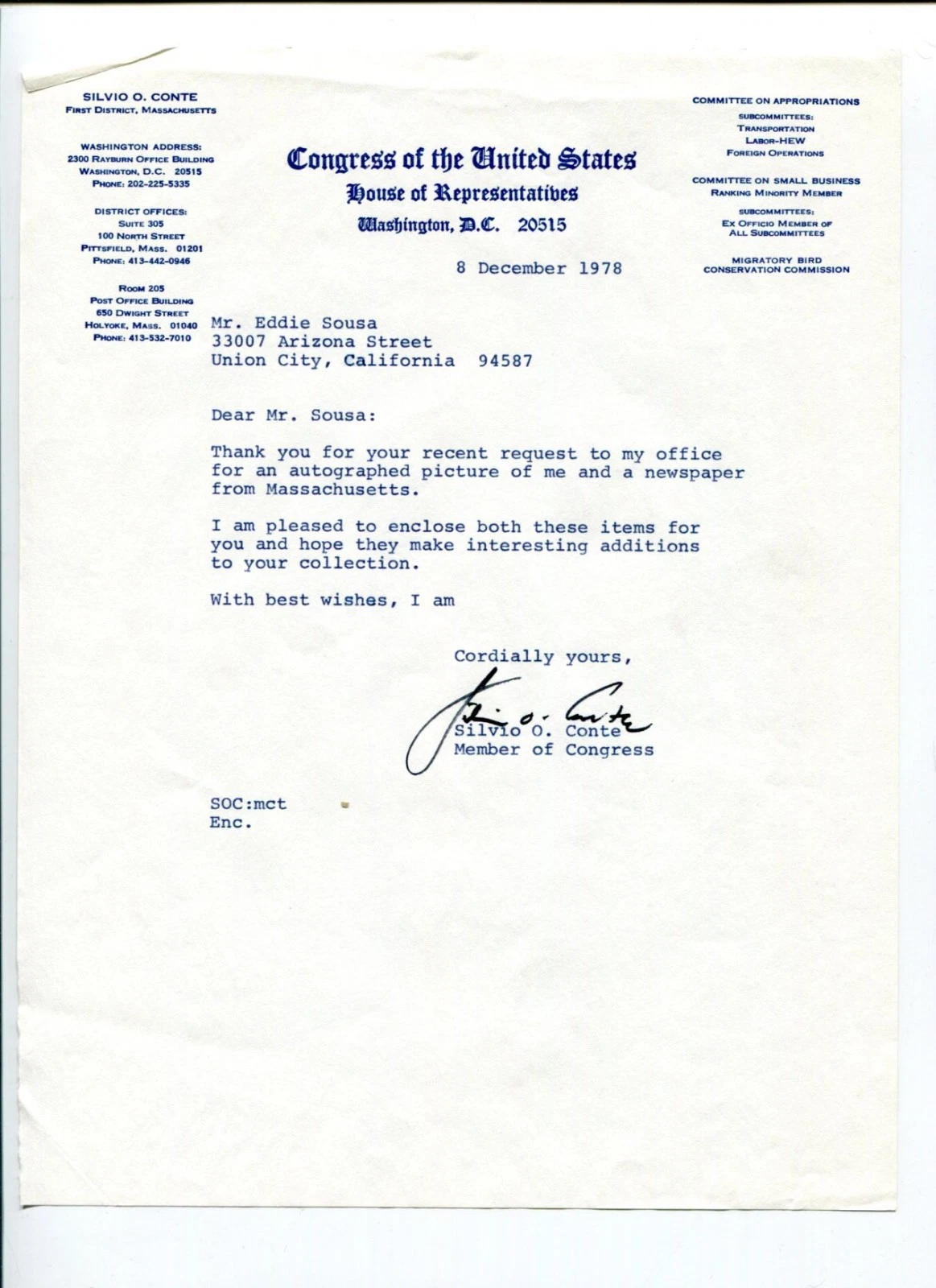 Silvio O. Conte Massachusetts US Representative Congress Signed Autograph TSL