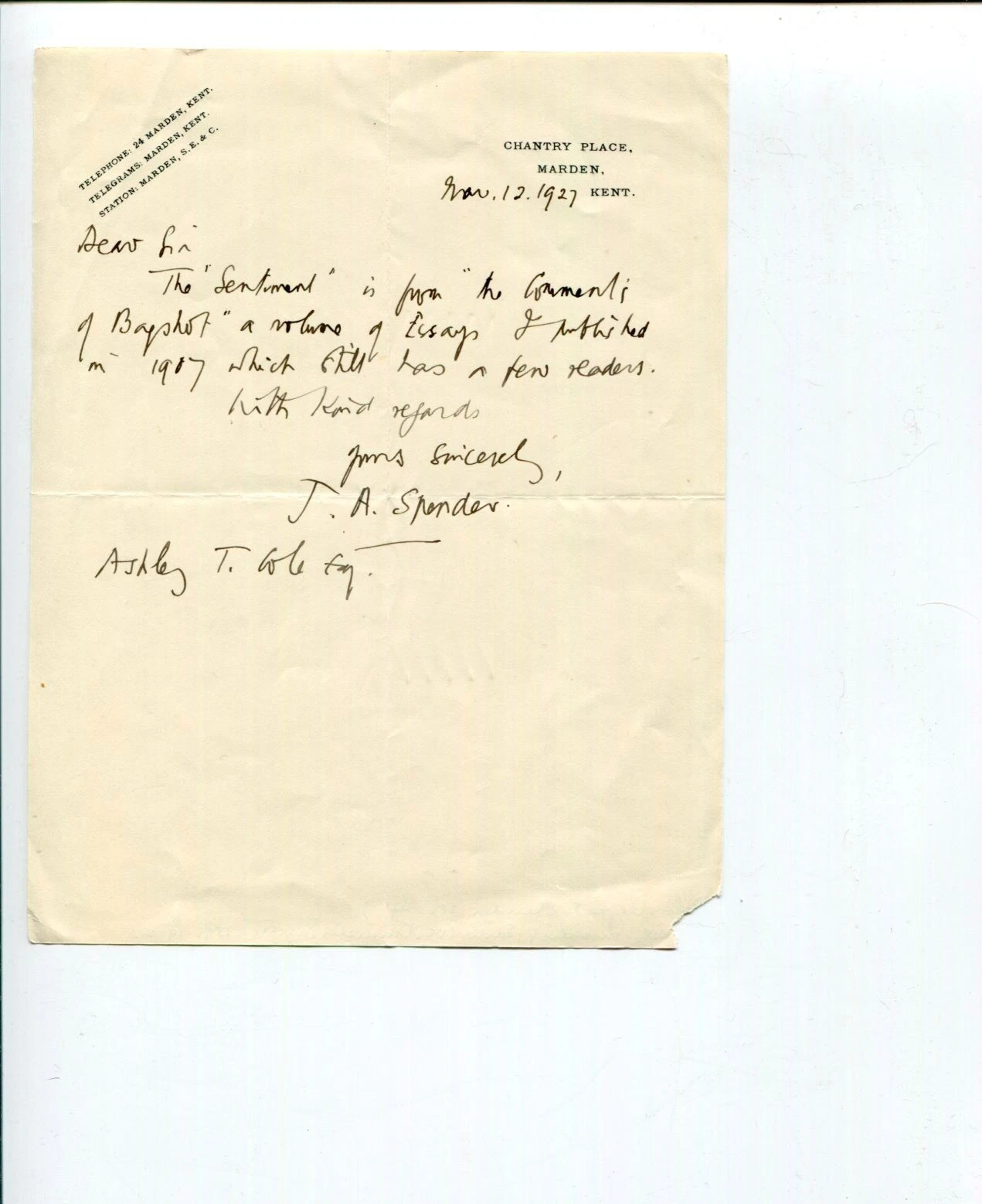 John Alfred Spender British Author Journalist Signed Autograph ALS