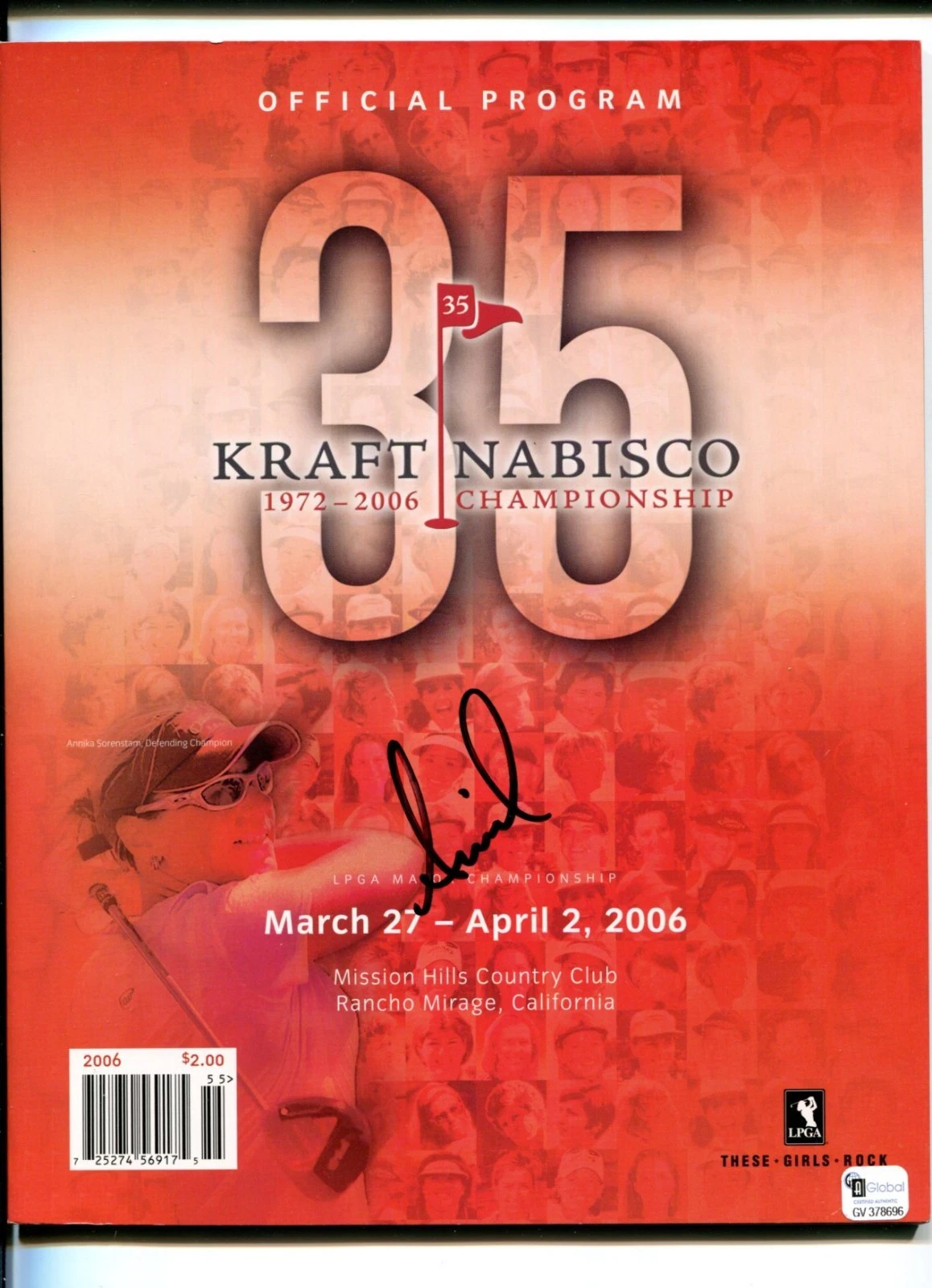 Annika Sorenstam LPGA Golf HOF Signed Autograph Kraft Nabisco Program COA
