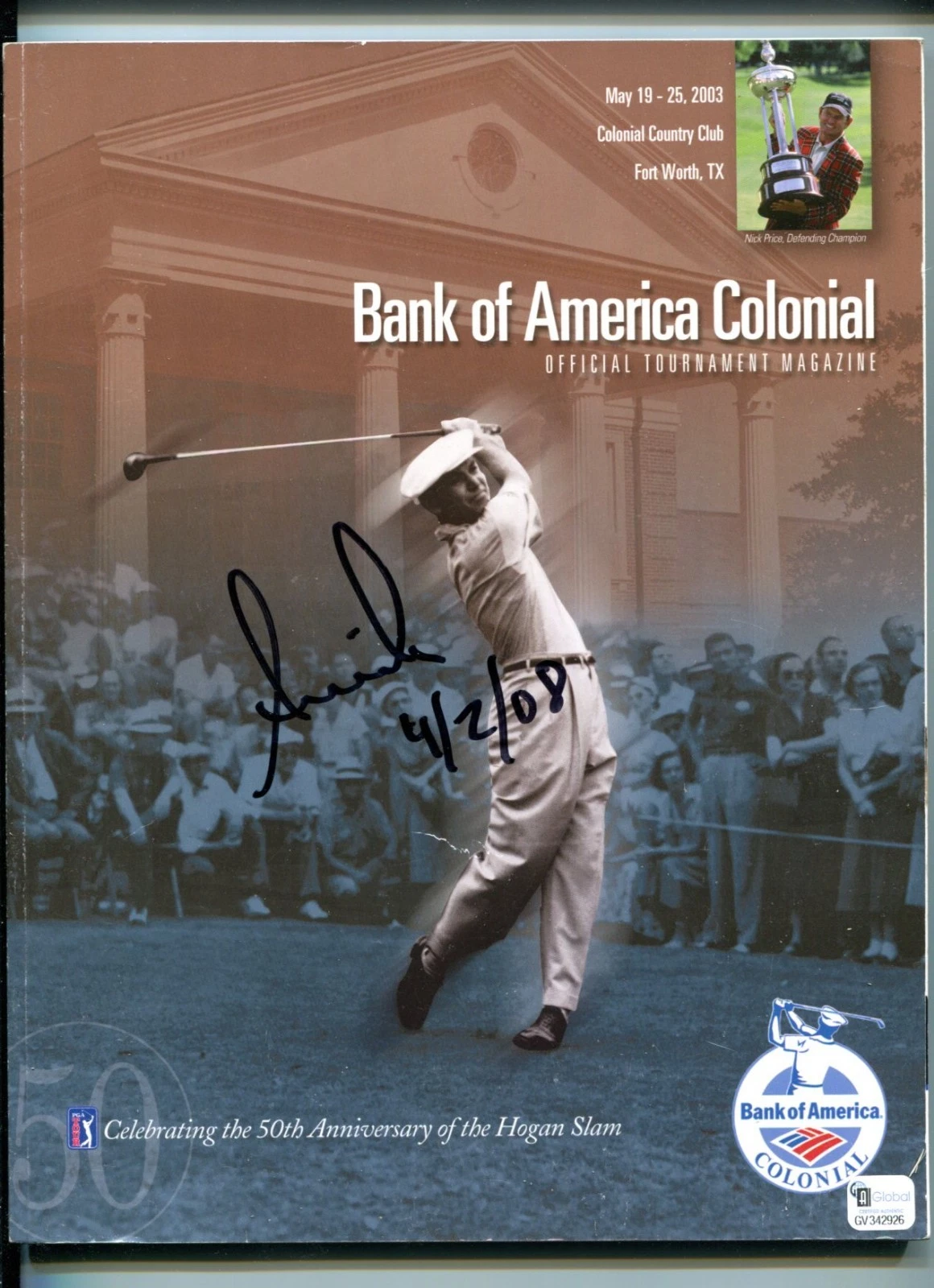 Annika Sorenstam LPGA HOF Signed Autograph PGA Program Colonial Program COA