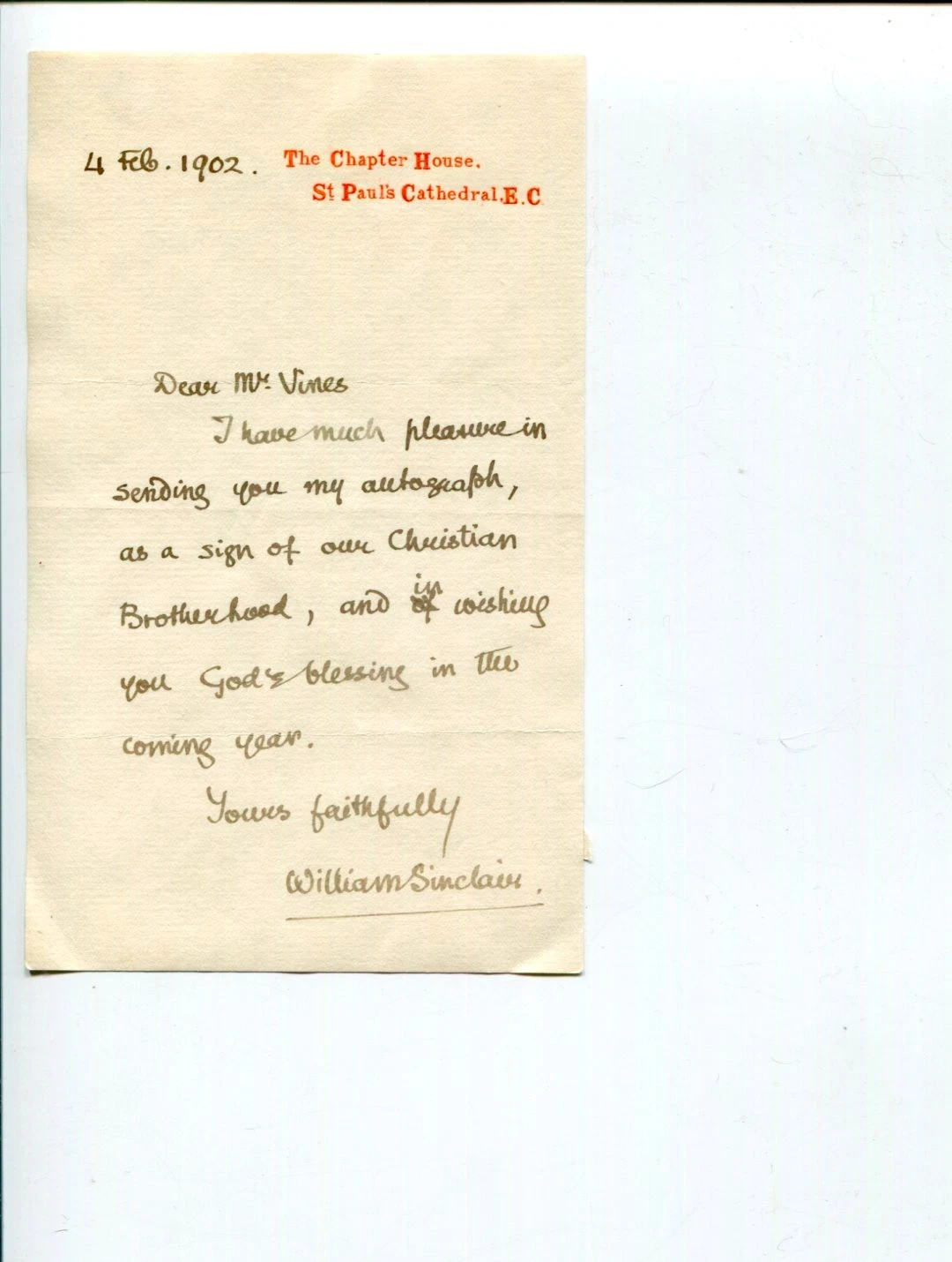 William Sinclair Archdeacon of London Chaplain To King Signed Autograph Letter