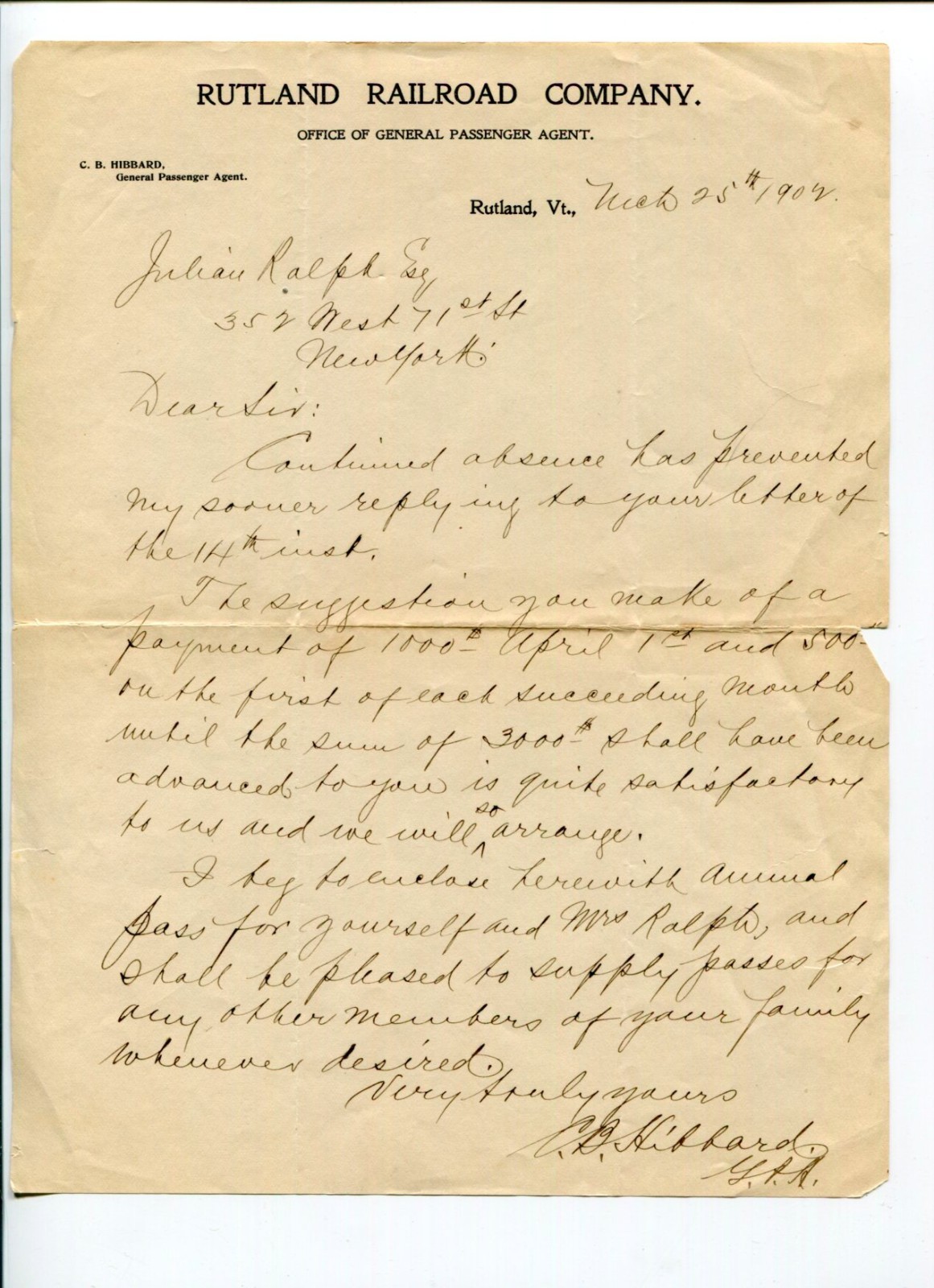 Charles Hibbard New York Vermont Railroad Owner Signed Autograph ALS