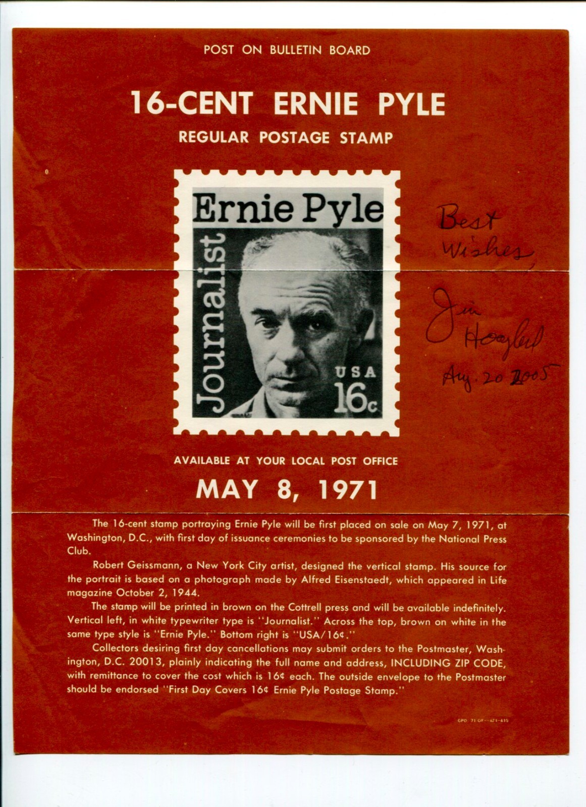 Jim Hoagland Pulitzer Prize Journalist Signed Autograph US Stamp Promo Flyer