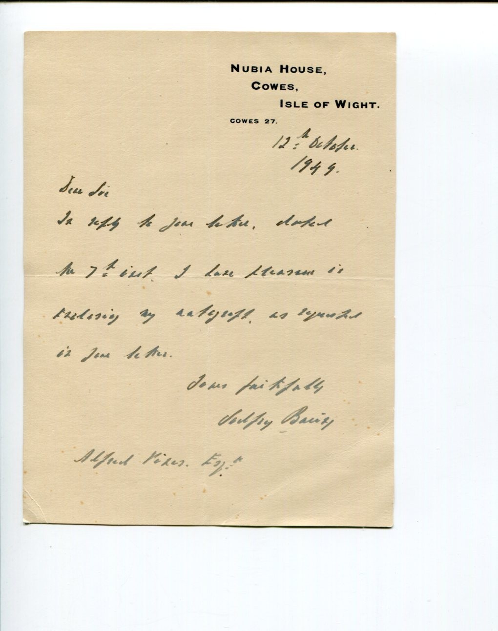 Sir Godfrey Baring Isle of Wight Barnstaple Member Parliment MP Signed Autograph