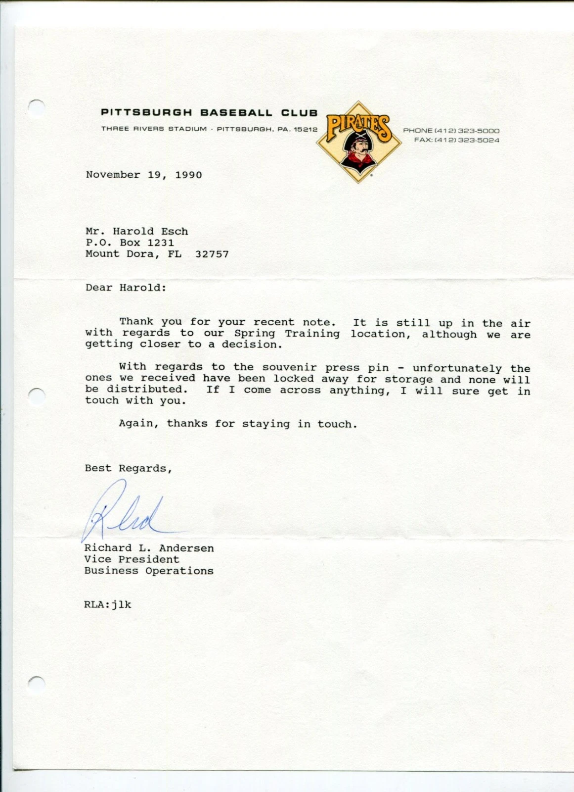 Richard L Andersen Pittsburgh Pirates San Diego Padres Vice President Signed TSL