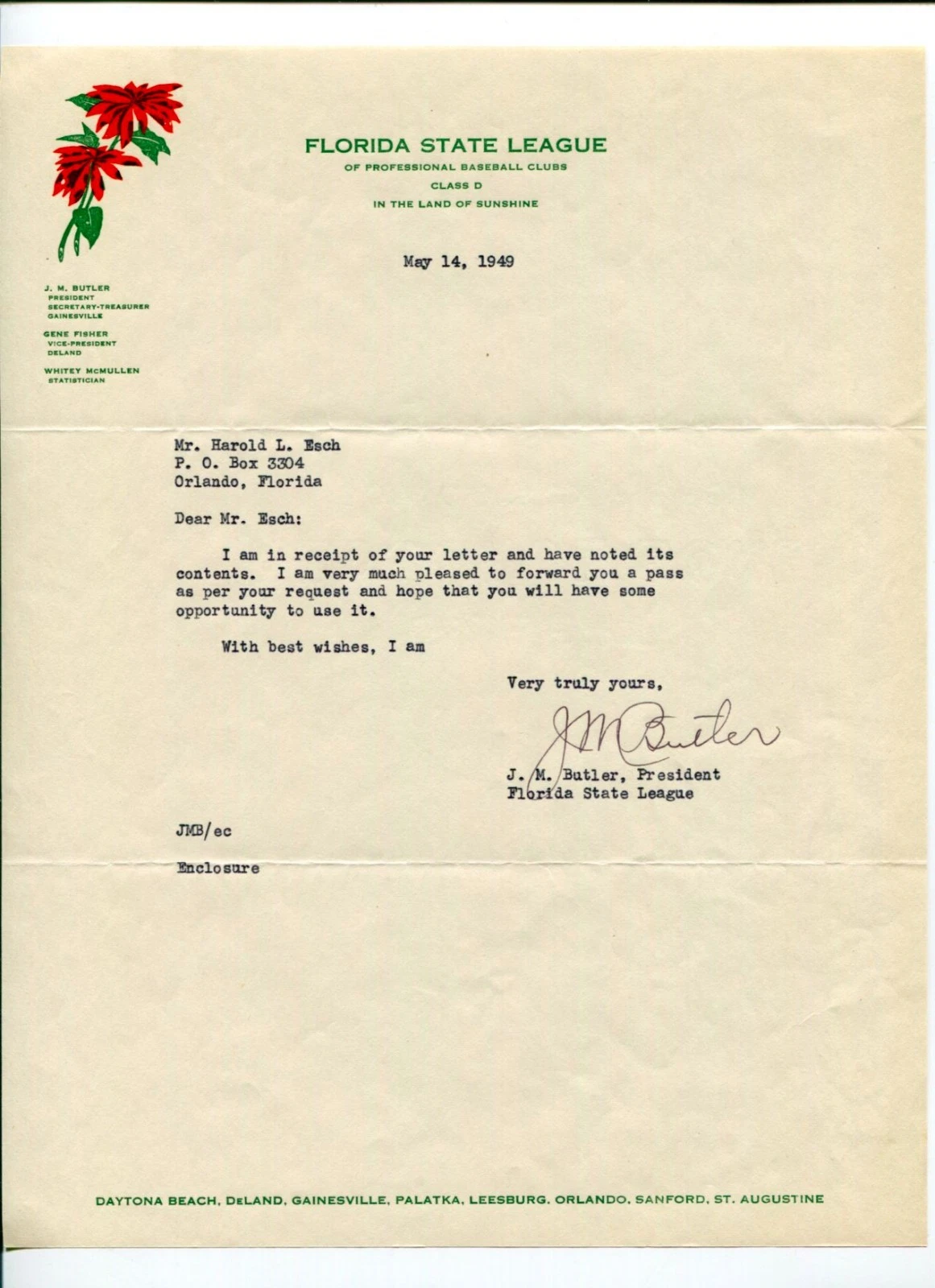 Jim Butler Florida State League Baseball Club President Signed Autograph 1949 TL