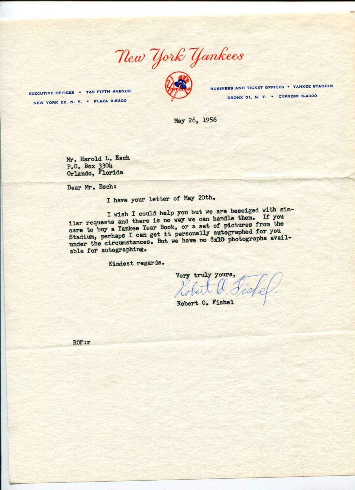 Robert O. Fishel NY New York Yankees Vice President Rare Signed Autograph TSL