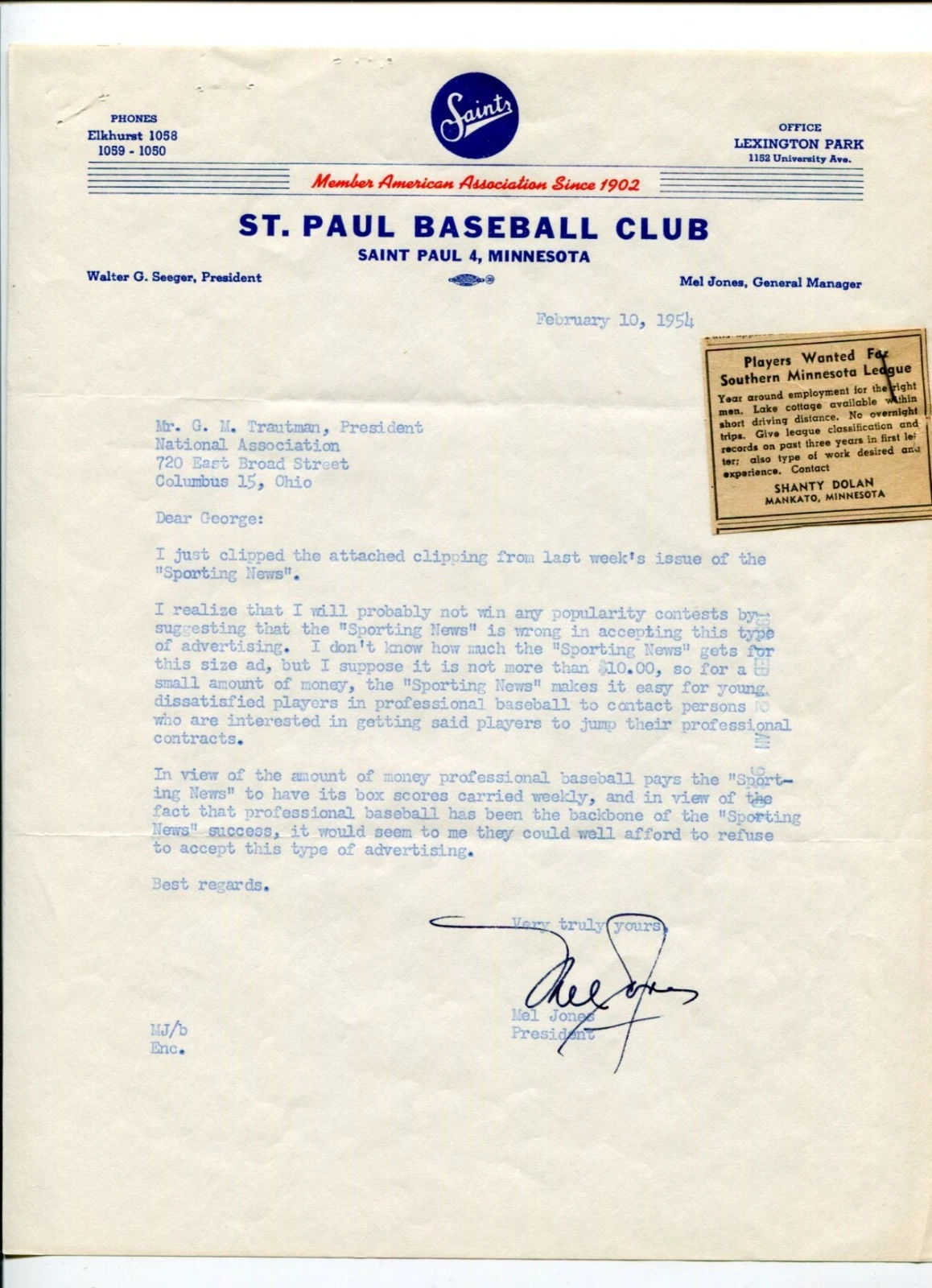 Mel Jones St. Paul Saints Baseball Club President GM Signed Autograph 1954 TSL
