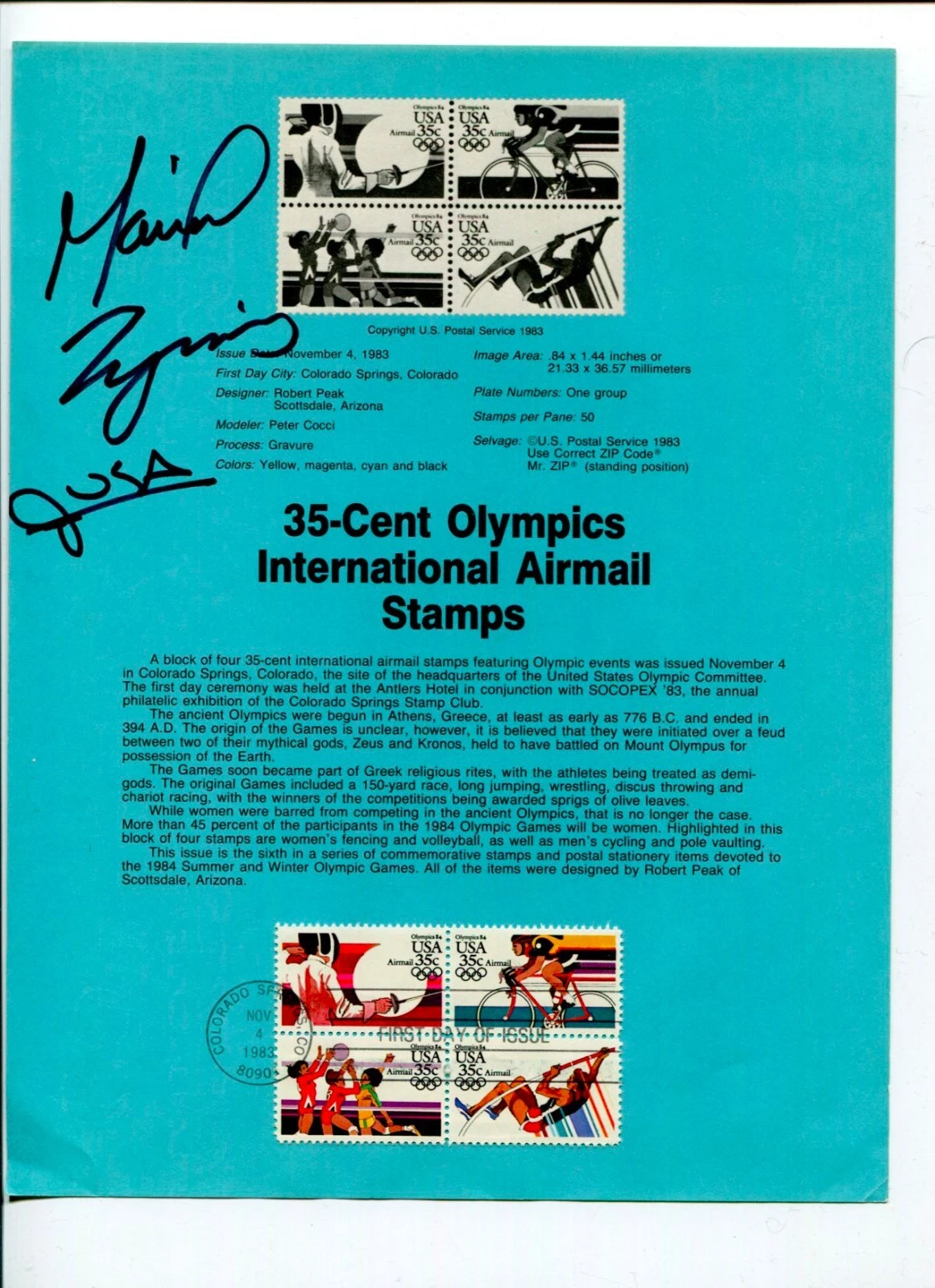 Mariel Zagunis US Olympic Gold Medal Fencing Signed Autograph FDC Stamp Sheet