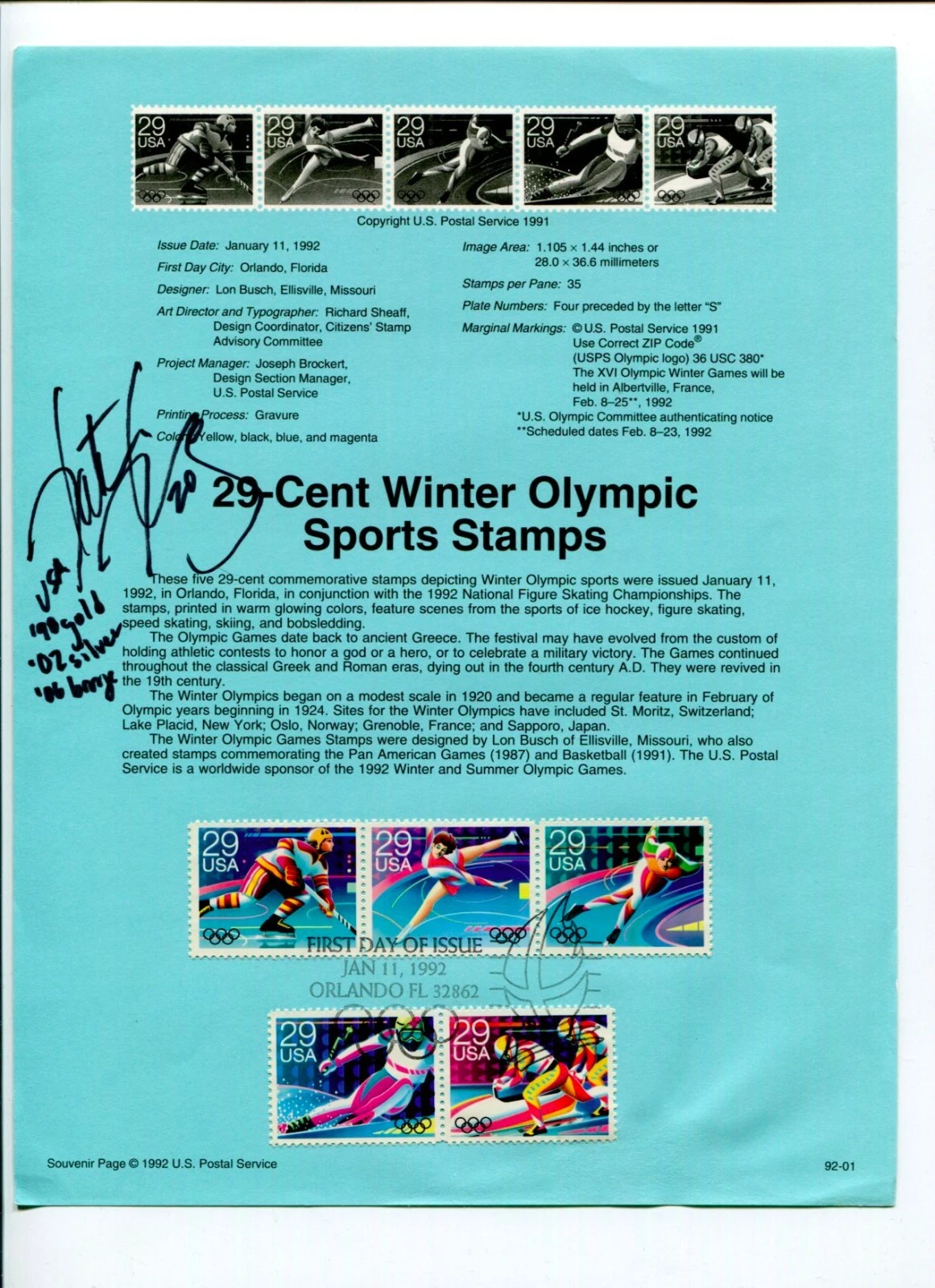 Katie King-Crowley Olympic Hockey Gold Medal  Signed Autograph FDC Stamp Sheet