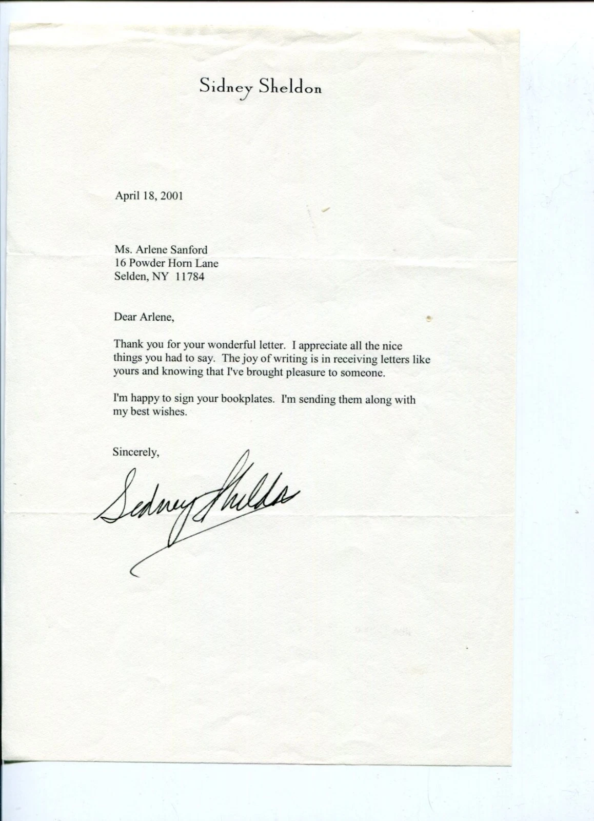 Sidney Sheldon Famous Author Oscar Winner Movie & TV Writer Signed Autograph TSL