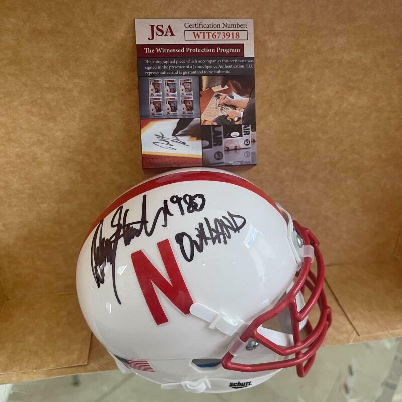 DEAN STEINKUHLER NEBRASKA 1983 OUTLAND TROPHY SIGNED SCHUTT MINI HELMET JSA WITN