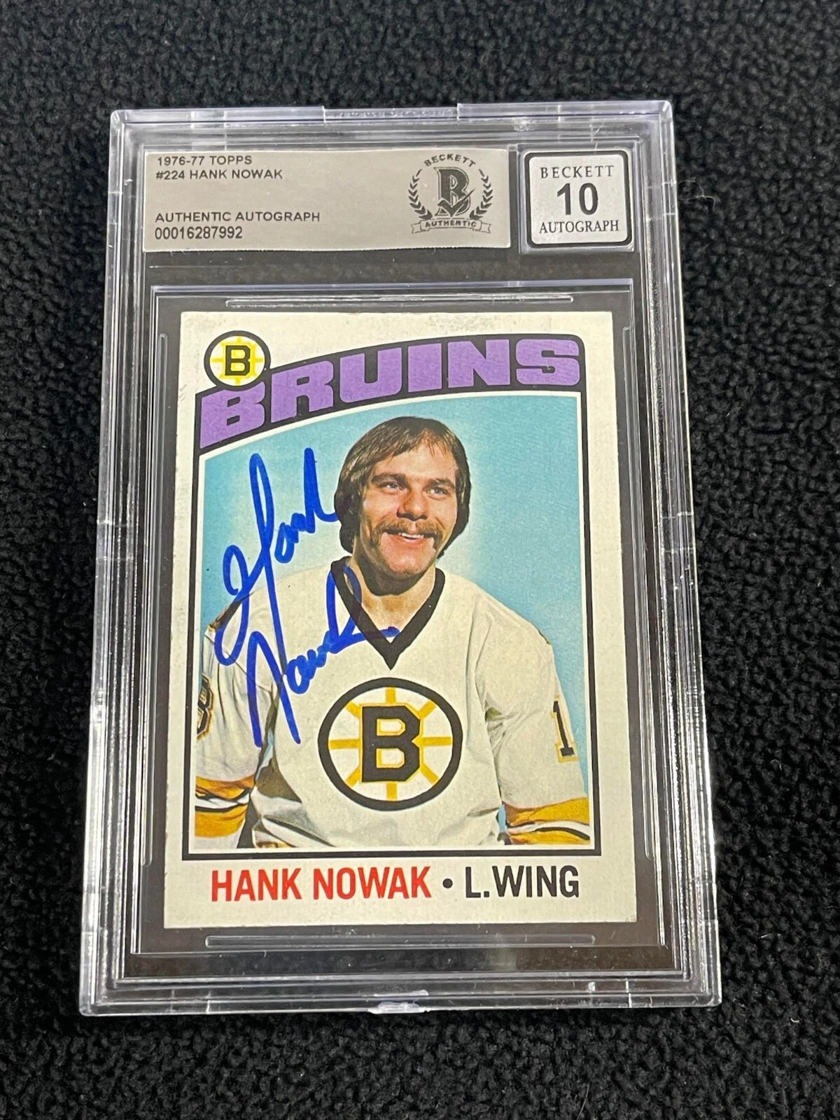 Hank Nowak Signed 1976-77 Topps Rookie Hockey Card #224 Beckett Bruins 10 Auto
