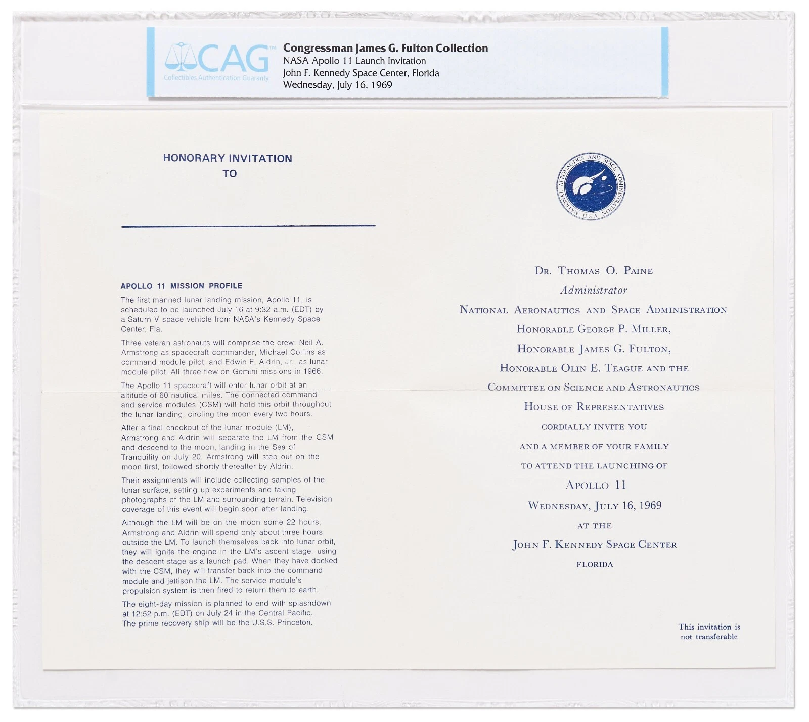 ORIGINAL NASA APOLLO 11 LAUNCH INVITATION INVITE JULY 16 1969 AUTHENTICATED CAG COLLECTIBLE MEMORABILIA
