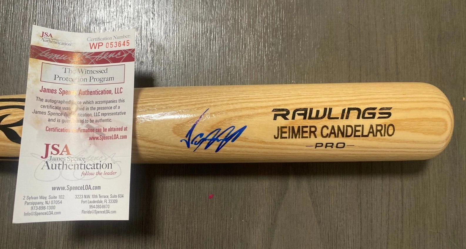 JEIMER CANDELARIO CINCINNATI REDS SIGNED AUTOGRAPHED RAWLINGS PRO BAT JSA COA