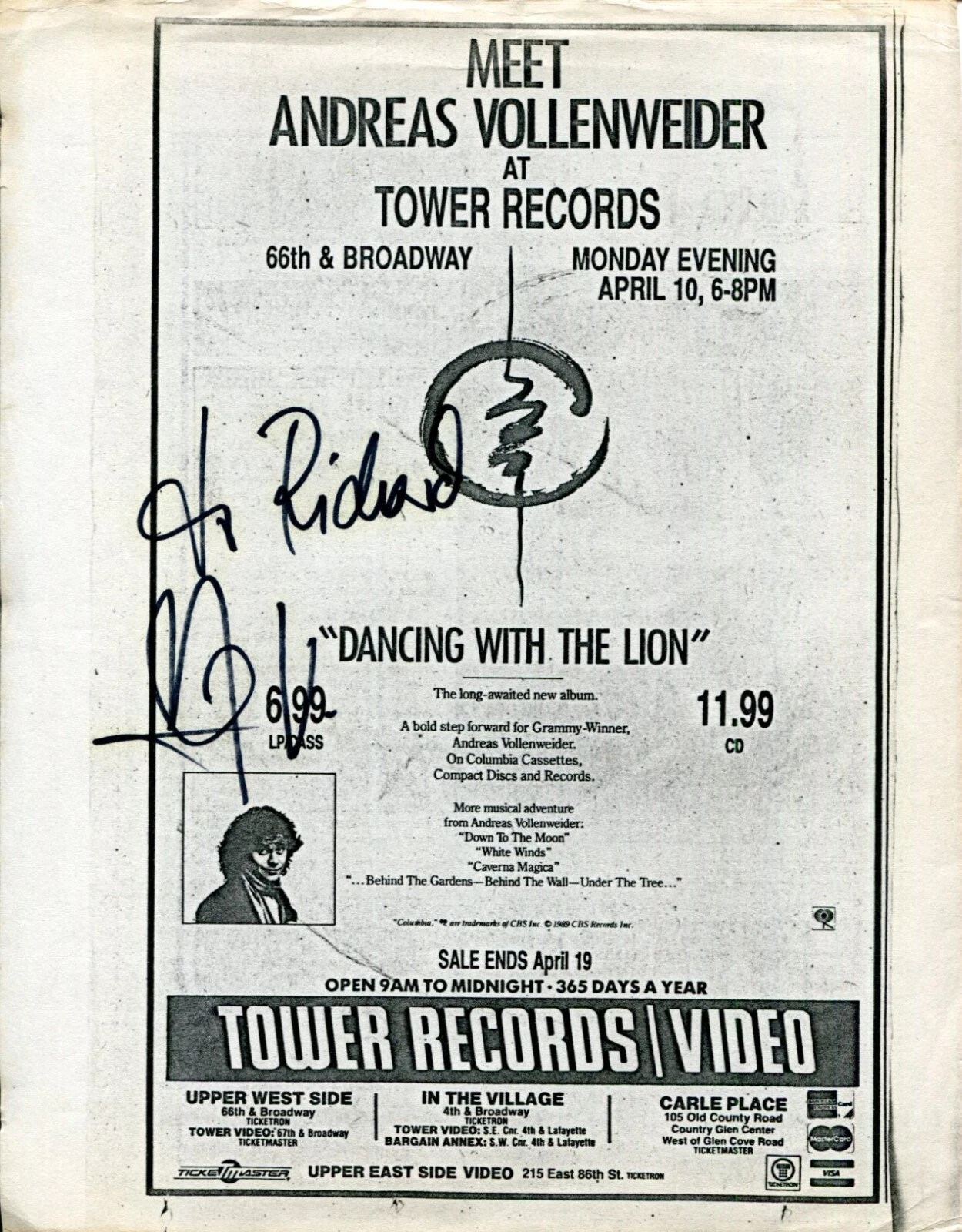 Andreas Vollenweider New Age Swiss Harpist Signed Autograph Appearance Flyer