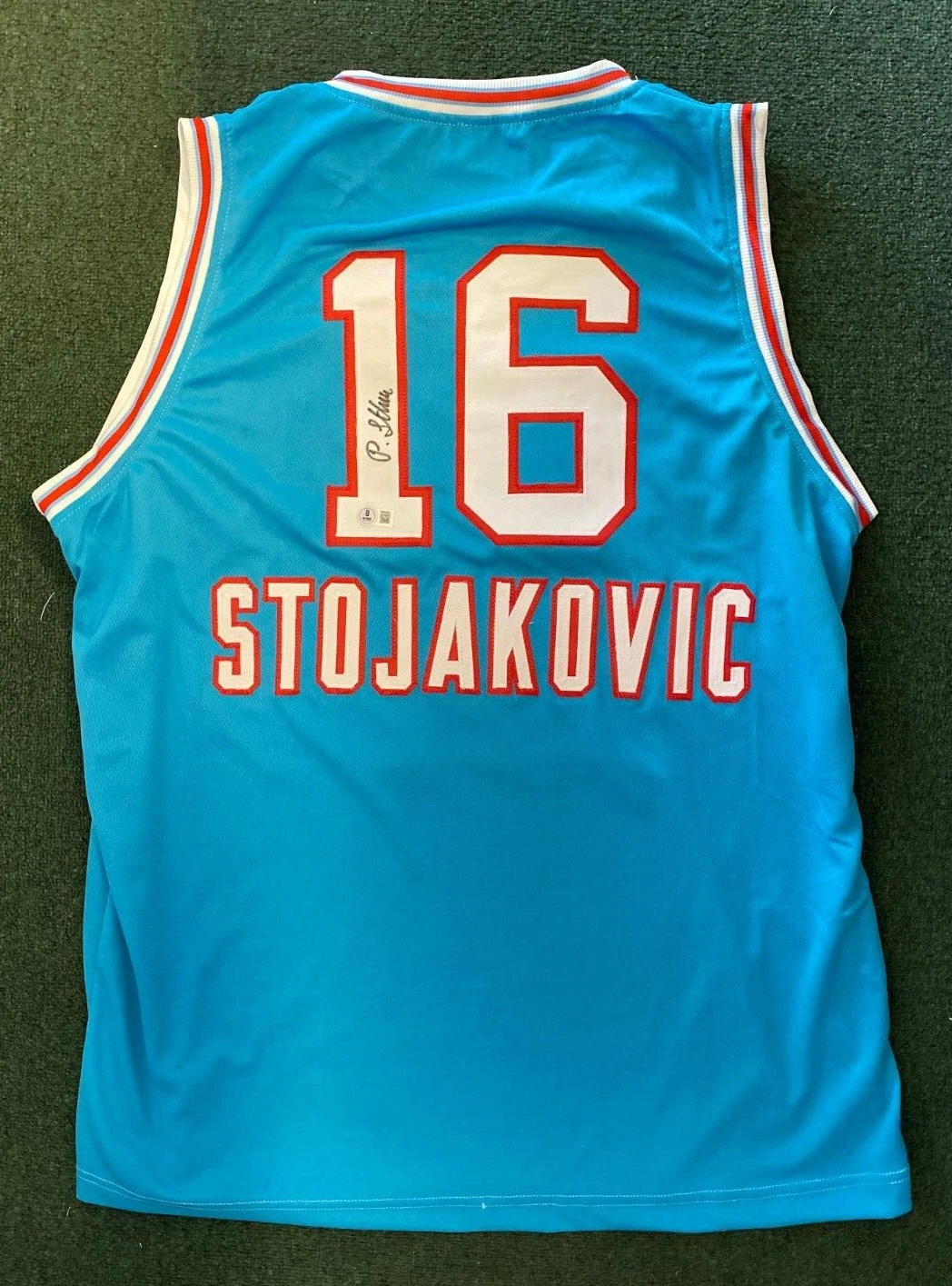 PEJA STOJAKOVIC SACRAMENTO KINGS SIGNED AUTO BLUE CUSTOM JERSEY SZ XL BECKETT *