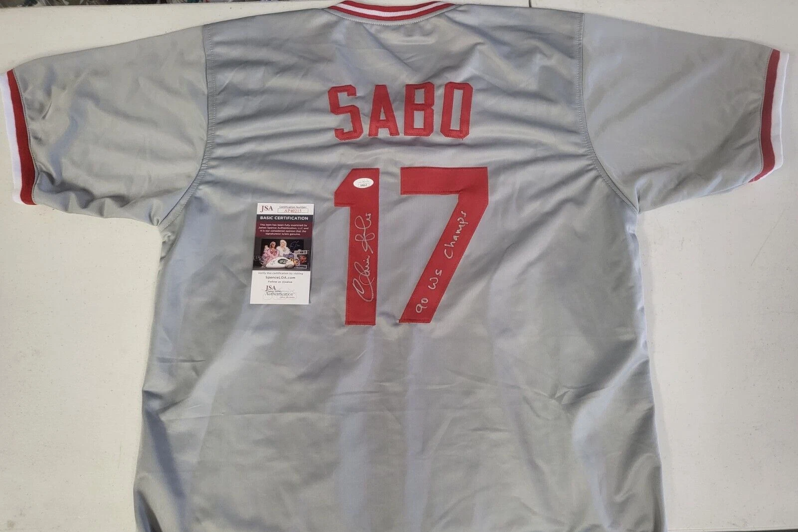 CHRIS SABO #17 CINCINNATI REDS 90 WS CHAMPS SIGNED GRAY CUSTOM JERSEY XL JSA *