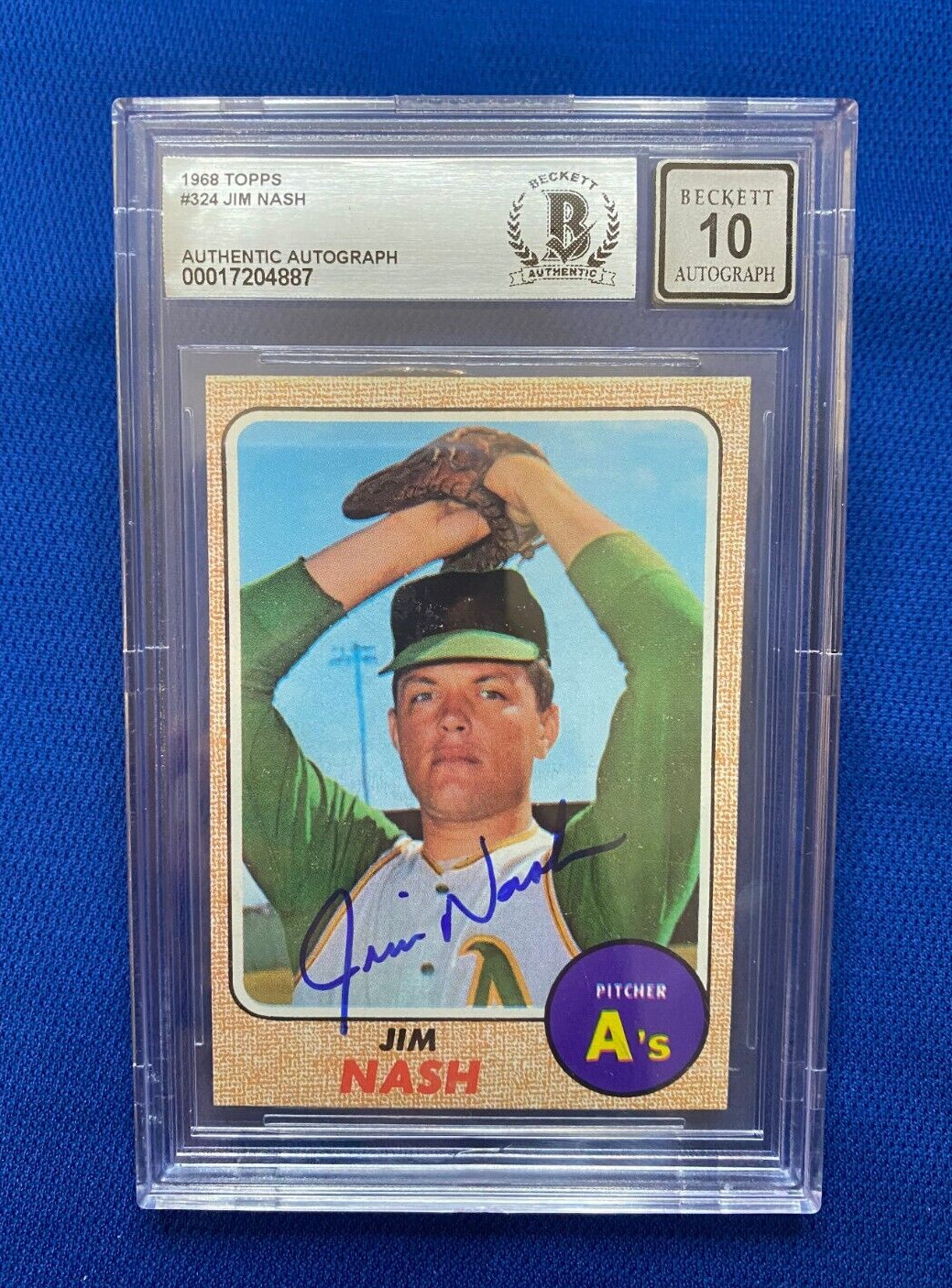 1968 TOPPS JIM NASH KANSAS CITY A'S SIGNED AUTOGRAPHED #324 CARD BECKETT 10 AUTO