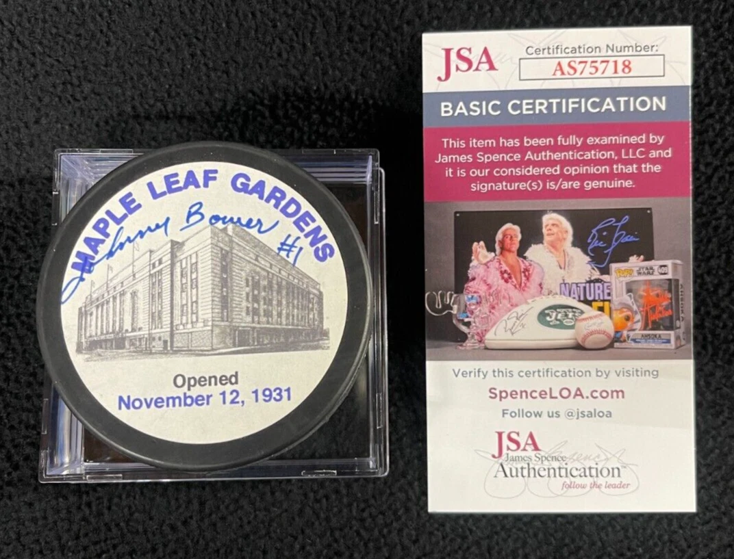 Johnny Bower Signed Toronto Maple Leafs Maple Leaf Gardens Puck JSA COA