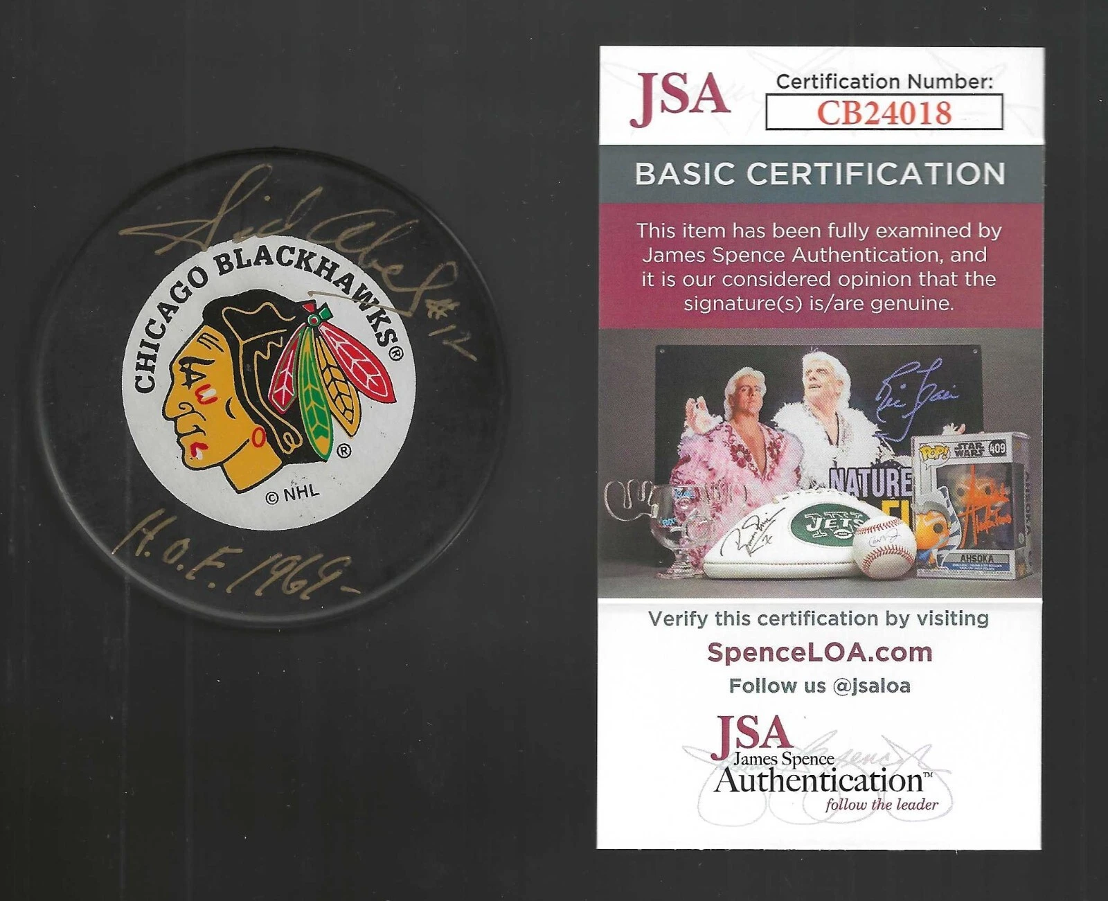 Sid Abel Signed & Inscribed Chicago Blackhawks Trench Puck JSA COA