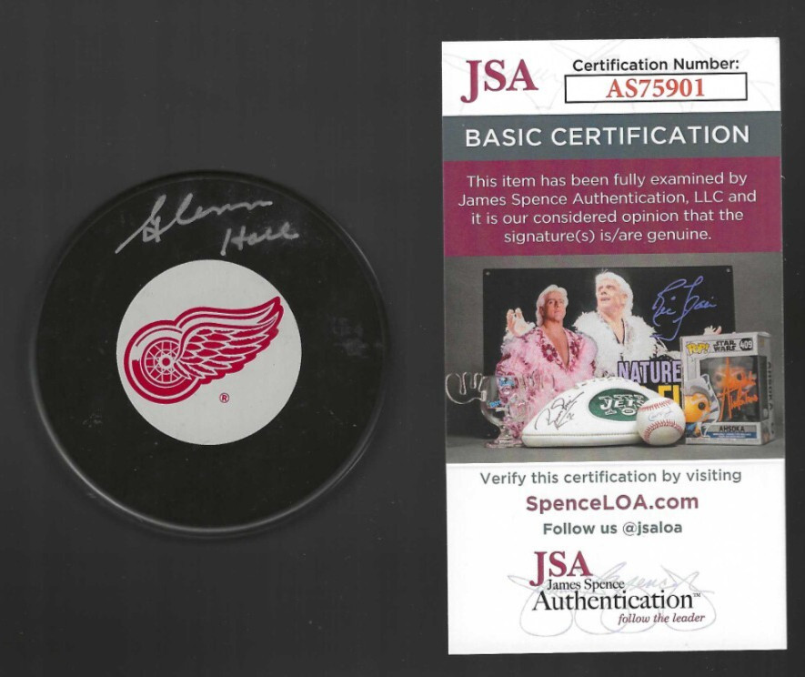Glenn Hall Signed Detroit Red Wings Large Logo Puck JSA COA