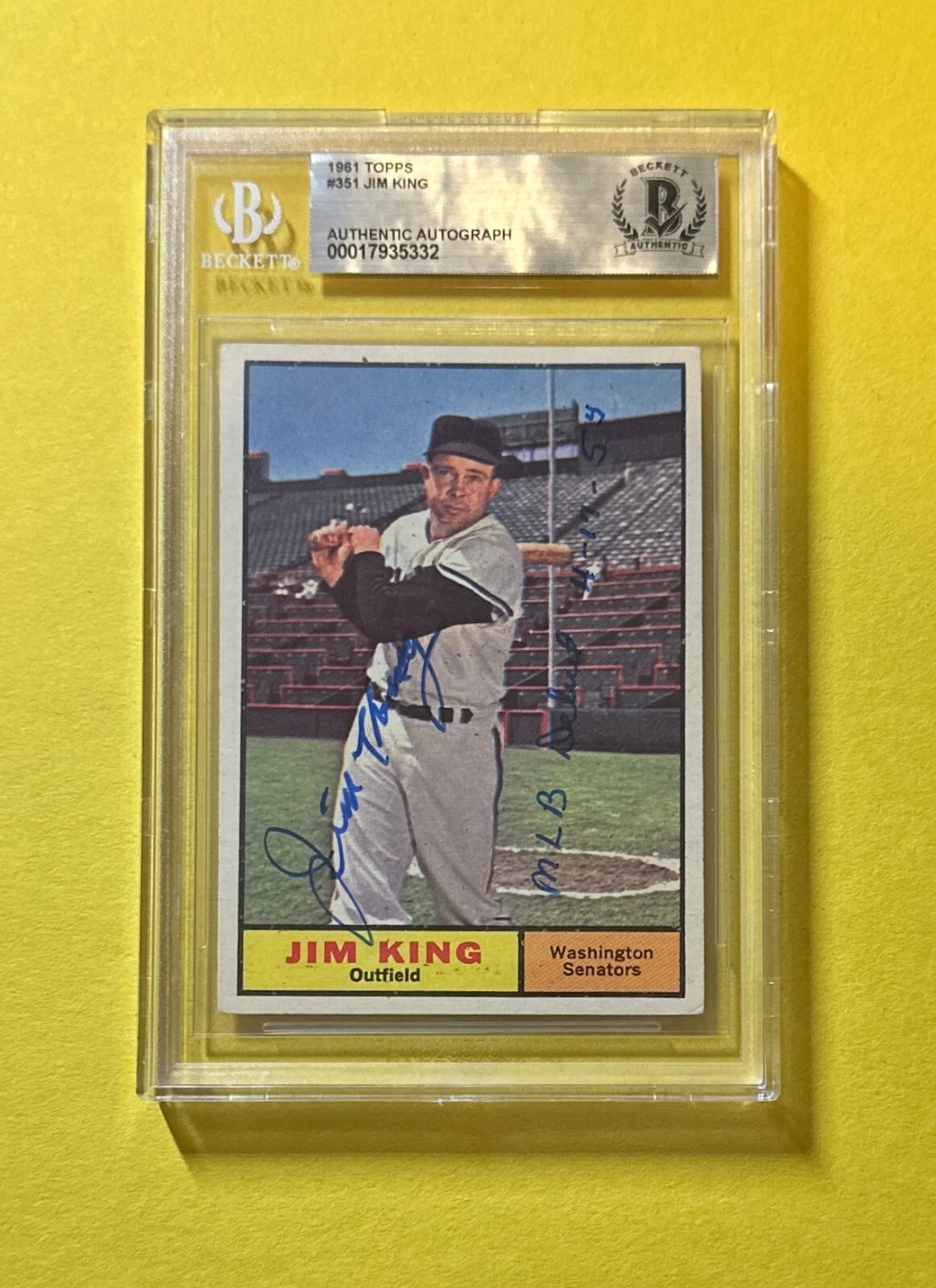 1961 TOPPS JIM KING #351 SIGNED BECKETT AUTH AUTO INSCRIBED MLB DEBUT 4/19/55