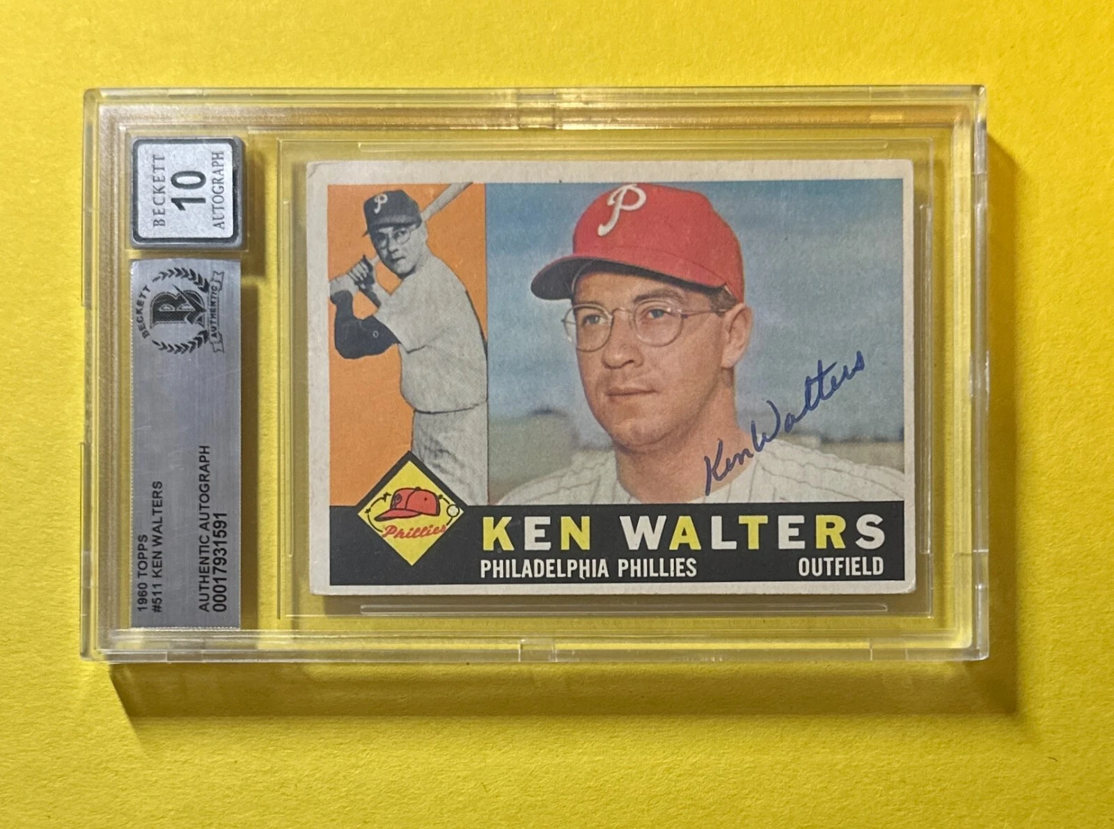 1960 TOPPS KEN WALTERS #511 SIGNED AUTOGRAPHED CARD BECKETT AUTH 10 PHILLIES