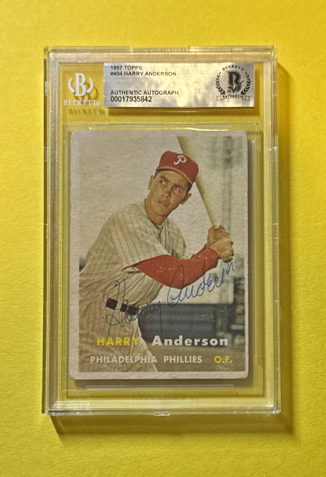 1957 TOPPS HARRY ANDERSON #404 BECKETT AUTHENTIC SIGNED AUTO CARD PHILLIES COLLECTIBLE MEMORABILIA