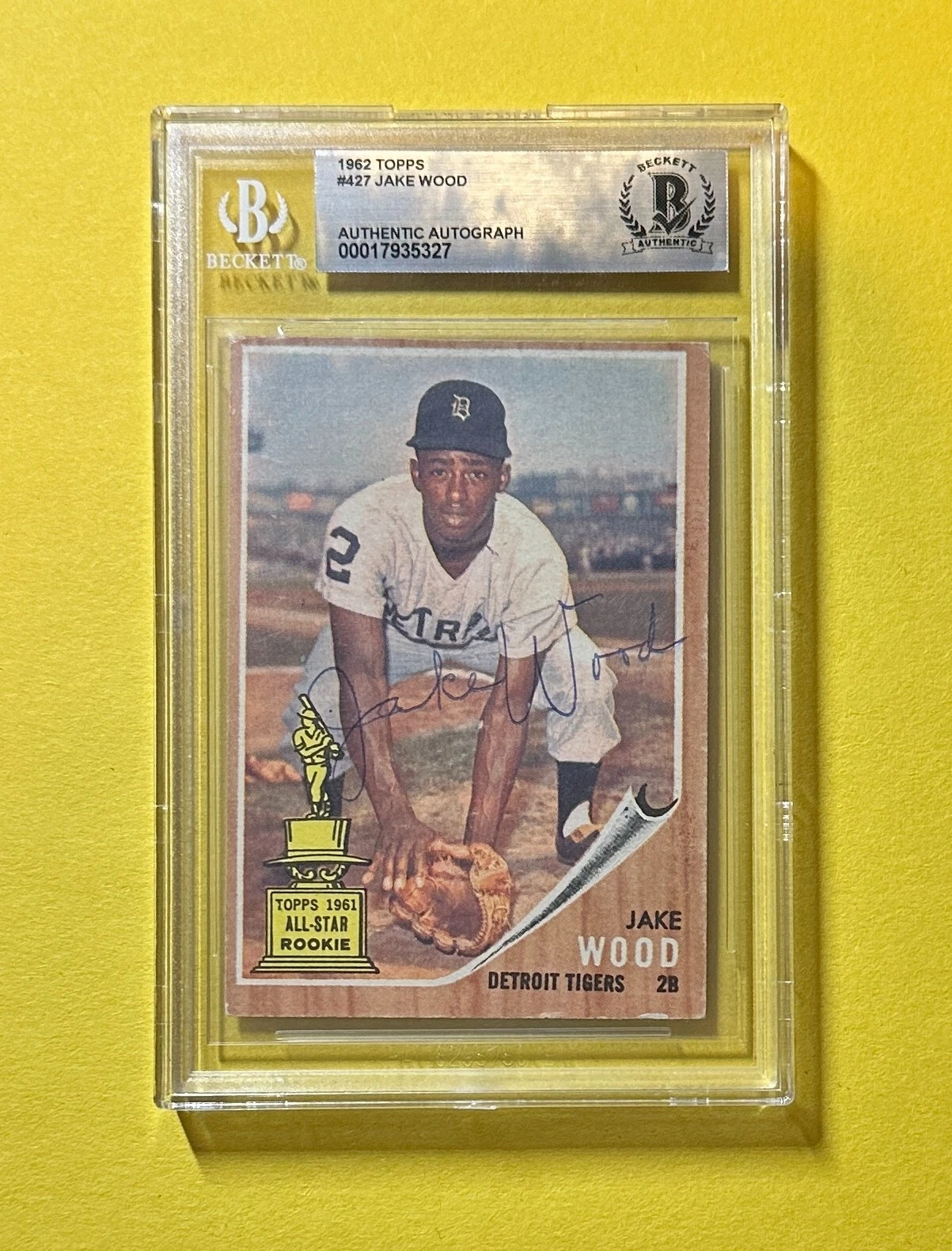 1962 TOPPS JAKE WOOD #427 BECKETT AUTHENTIC SIGNED AUTOGRAPHED CARD TIGERS