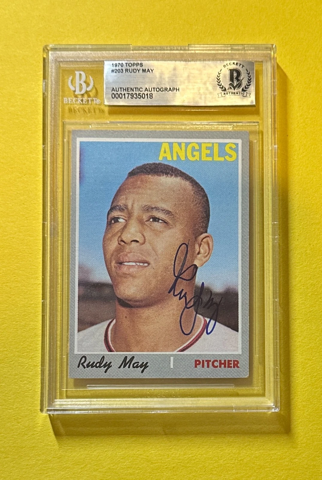 1970 TOPPS RUDY MAY #203 BECKETT AUTHENTIC SIGNED AUTOGRAPHED CARD ANGELS