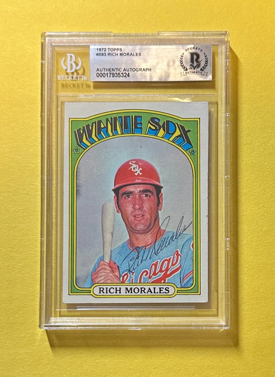 1972 TOPPS RICH MORALES #593 BECKETT AUTHENTIC SIGNED AUTOGRAPHED CARD WHITE SOX