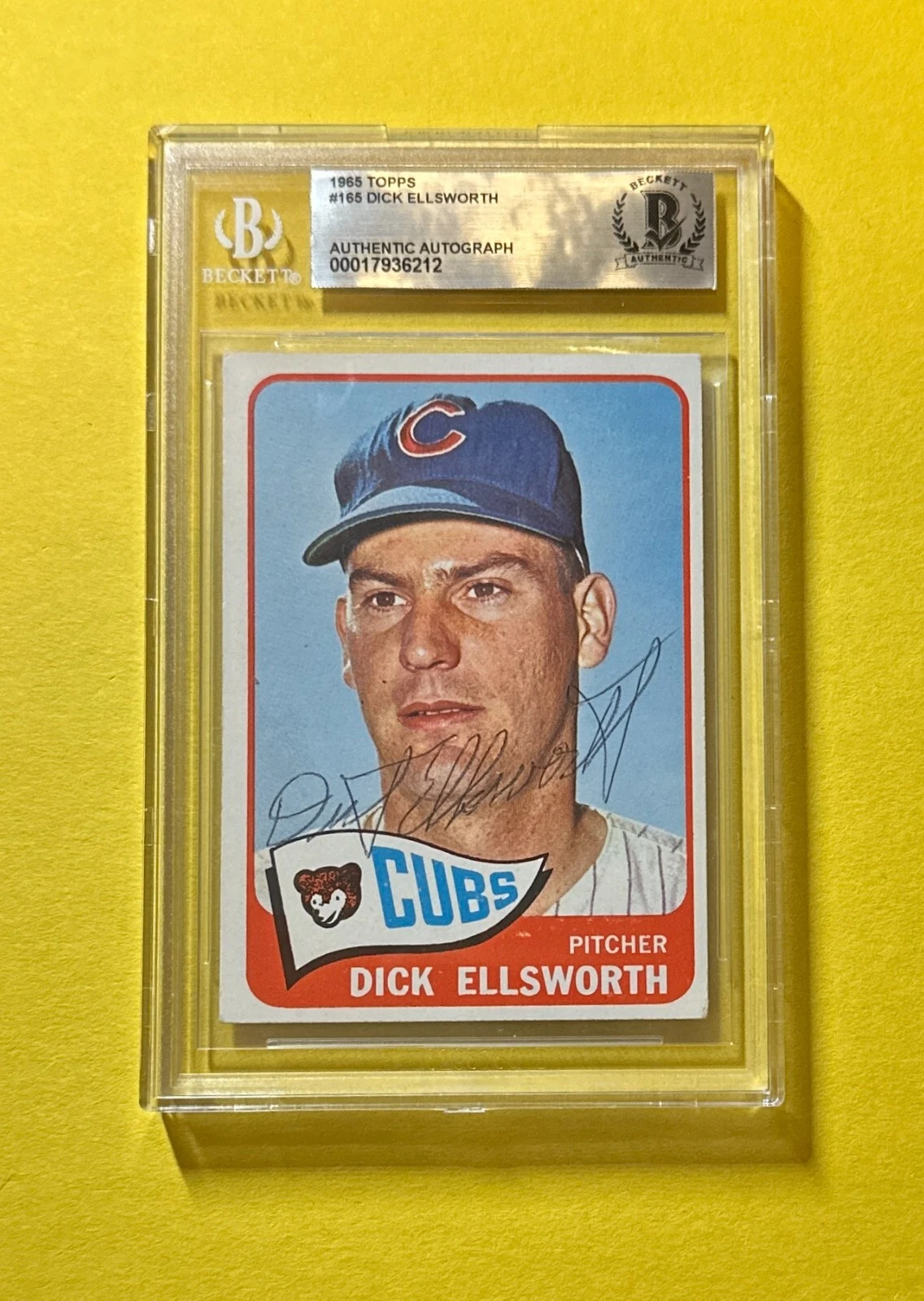 1965 TOPPS DICK ELLSWORTH #165 BECKETT AUTHENTIC SIGNED AUTOGRAPHED CARD CUBS