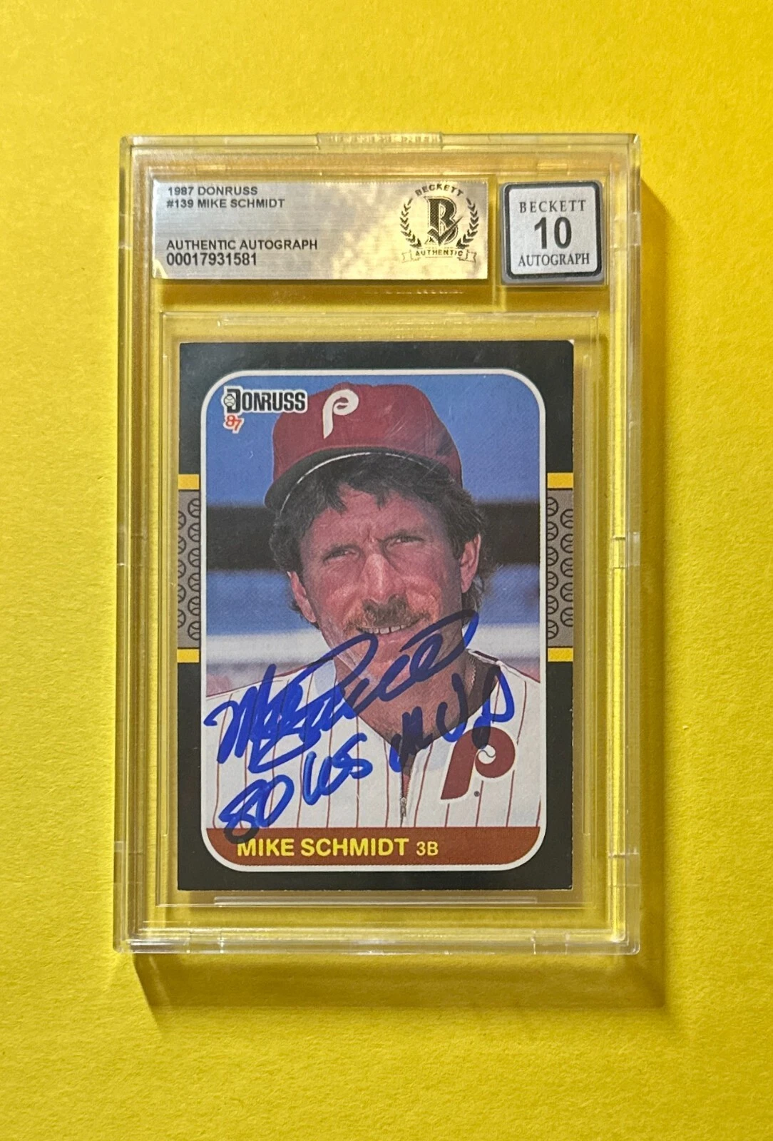 1987 DONRUSS MIKE SCHMIDT #139 SIGNED AUTO BECKETT AUTH 10 INSCRIBED 
