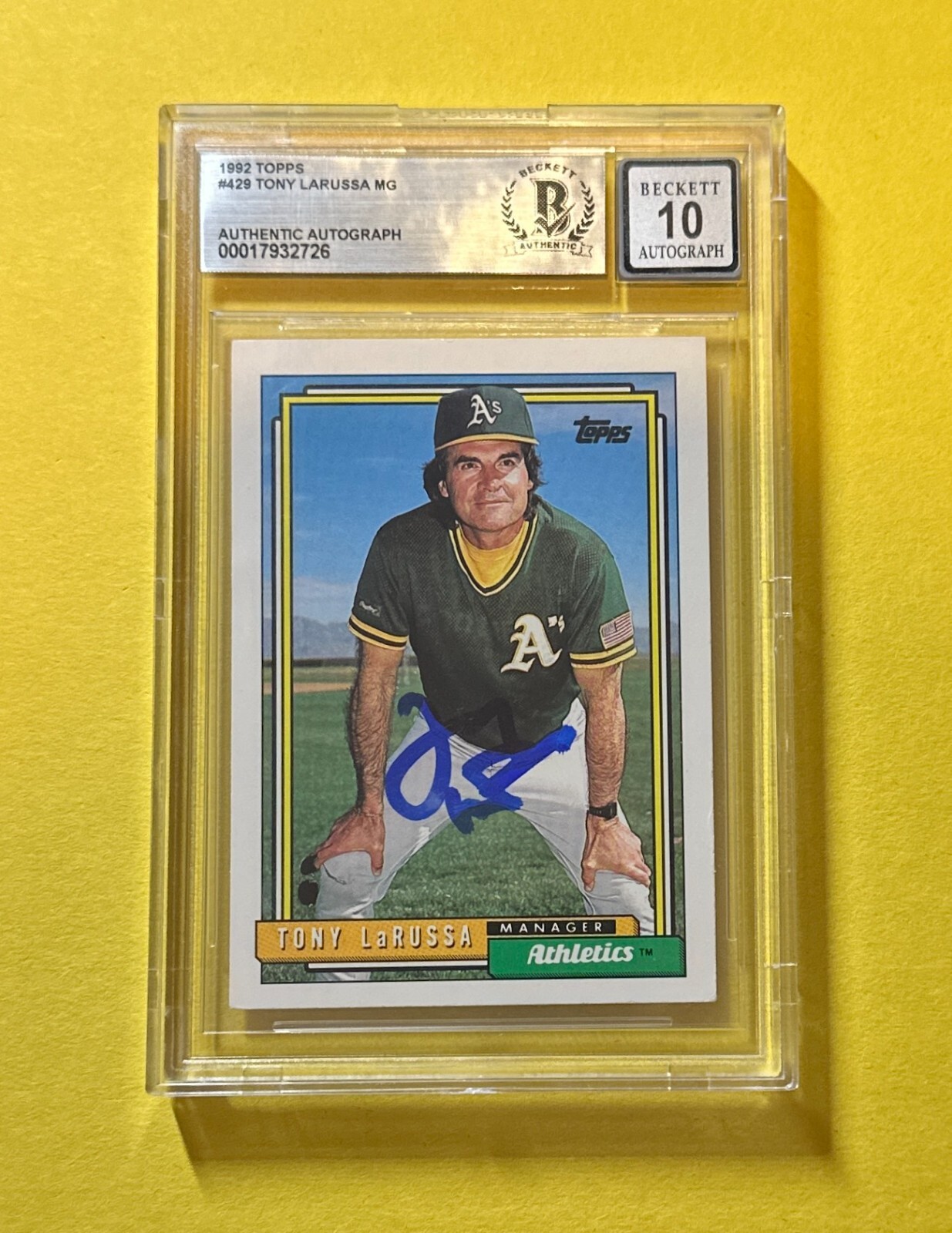 1992 TOPPS TONY LARUSSA #429 SIGNED AUTOGRAPHED CARD BECKETT AUTH 10 ATHLETICS