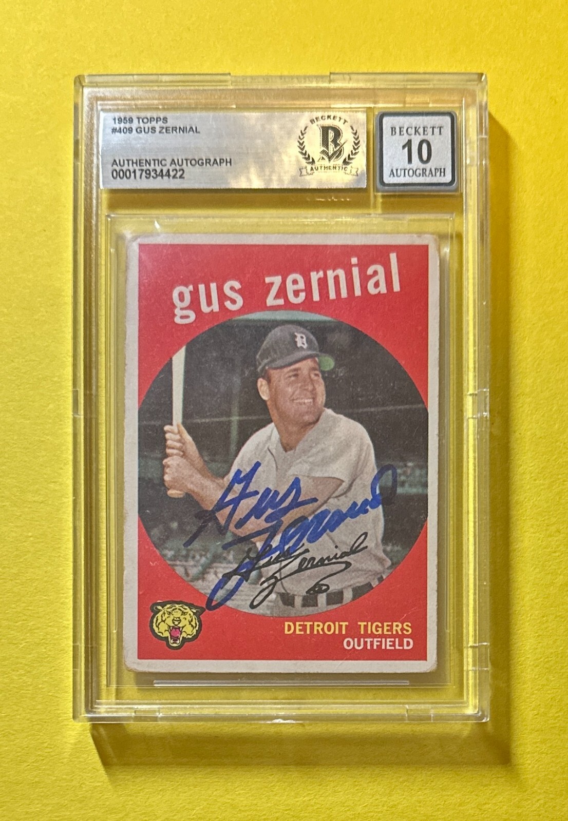 1959 TOPPS GUS ZERNIAL #409 SIGNED AUTOGRAPHED CARD BECKETT AUTH 10 TIGERS COLLECTIBLE MEMORABILIA