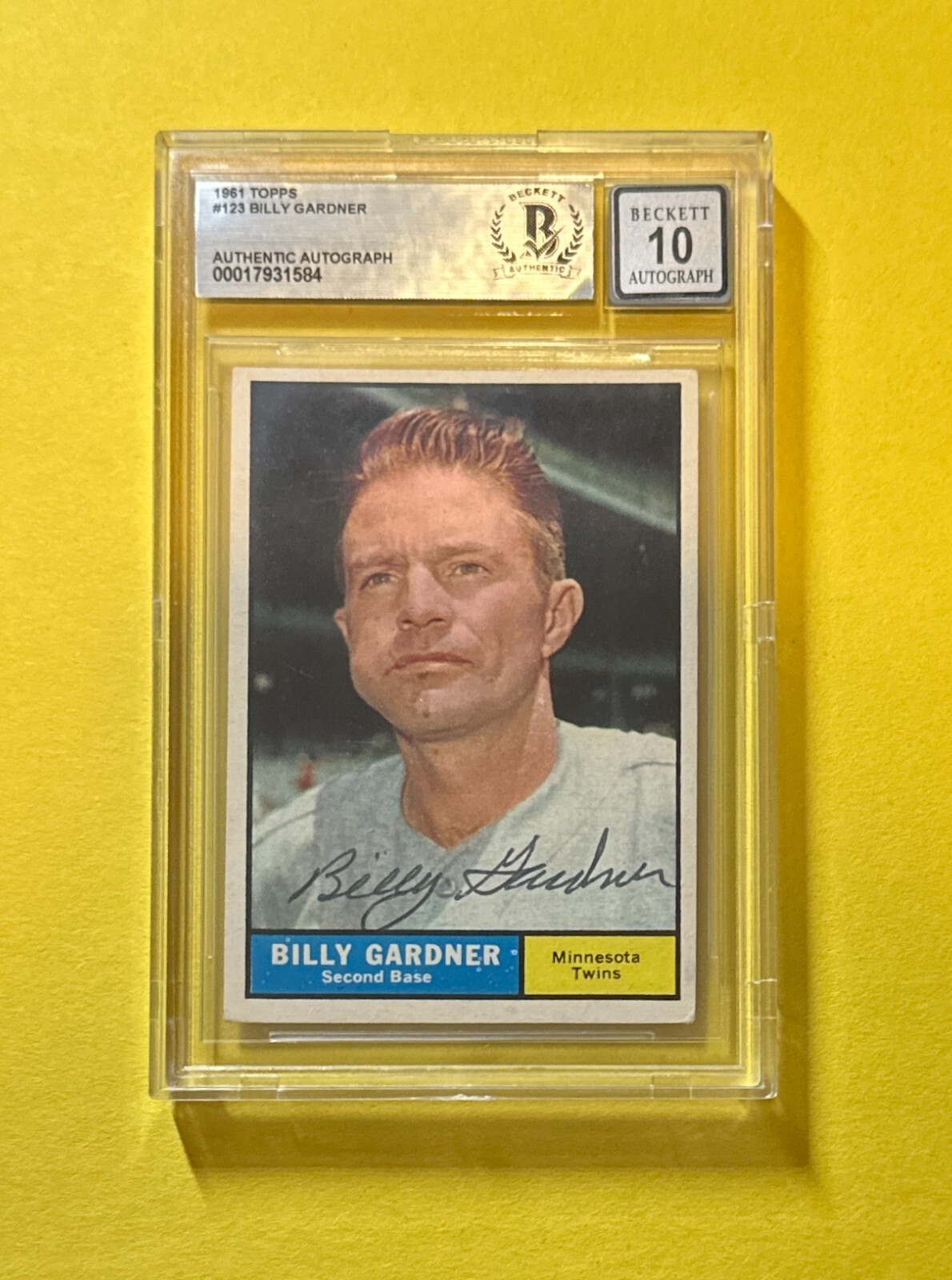 1961 TOPPS BILLY GARDNER #123 SIGNED AUTOGRAPHED CARD BECKETT AUTH 10 TWINS