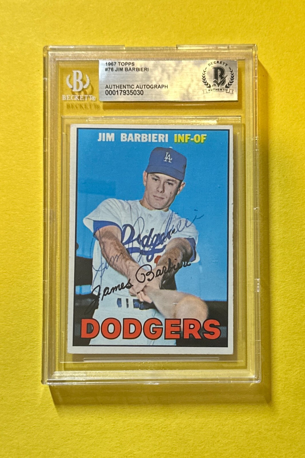 1967 TOPPS JIM BARBIERI #76 SIGNED AUTOGRAPHED CARD BECKETT AUTH 10 DODGERS