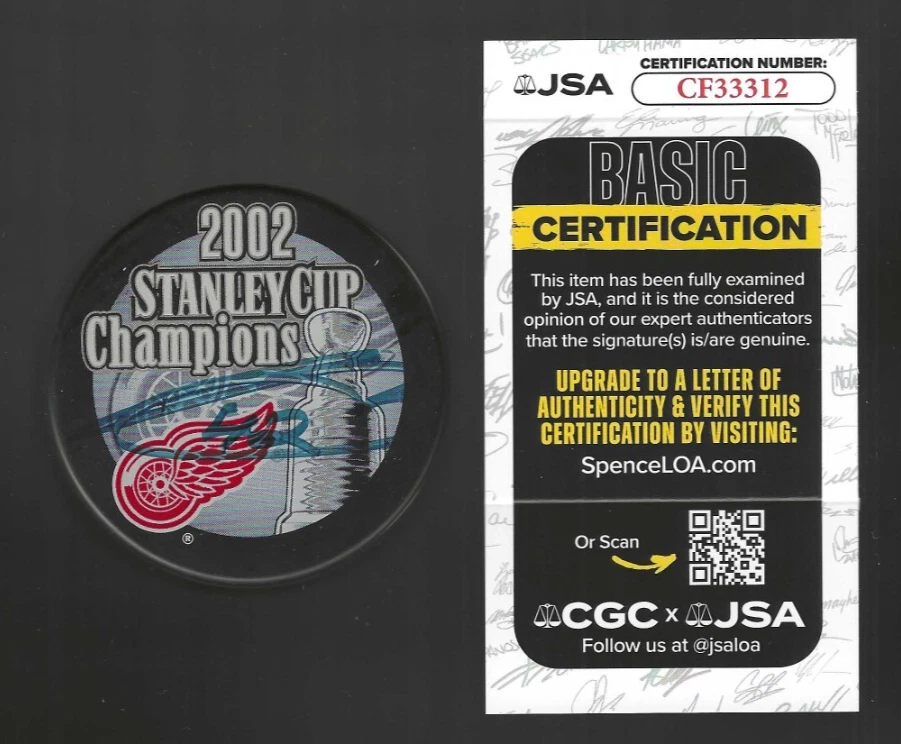 Sean Avery Signed Detroit Red Wings 2002 Stanley Cup Champions Puck JSA COA