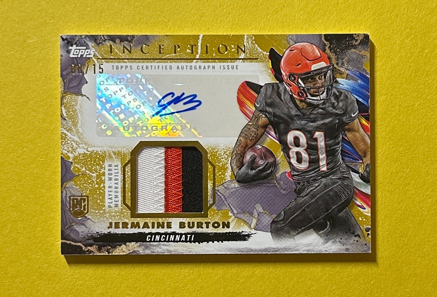 2024 TOPPS INCEPTION JERMAINE BURTON ROOKIE PATCH AUTO /15 #PPA-JB BENGALS