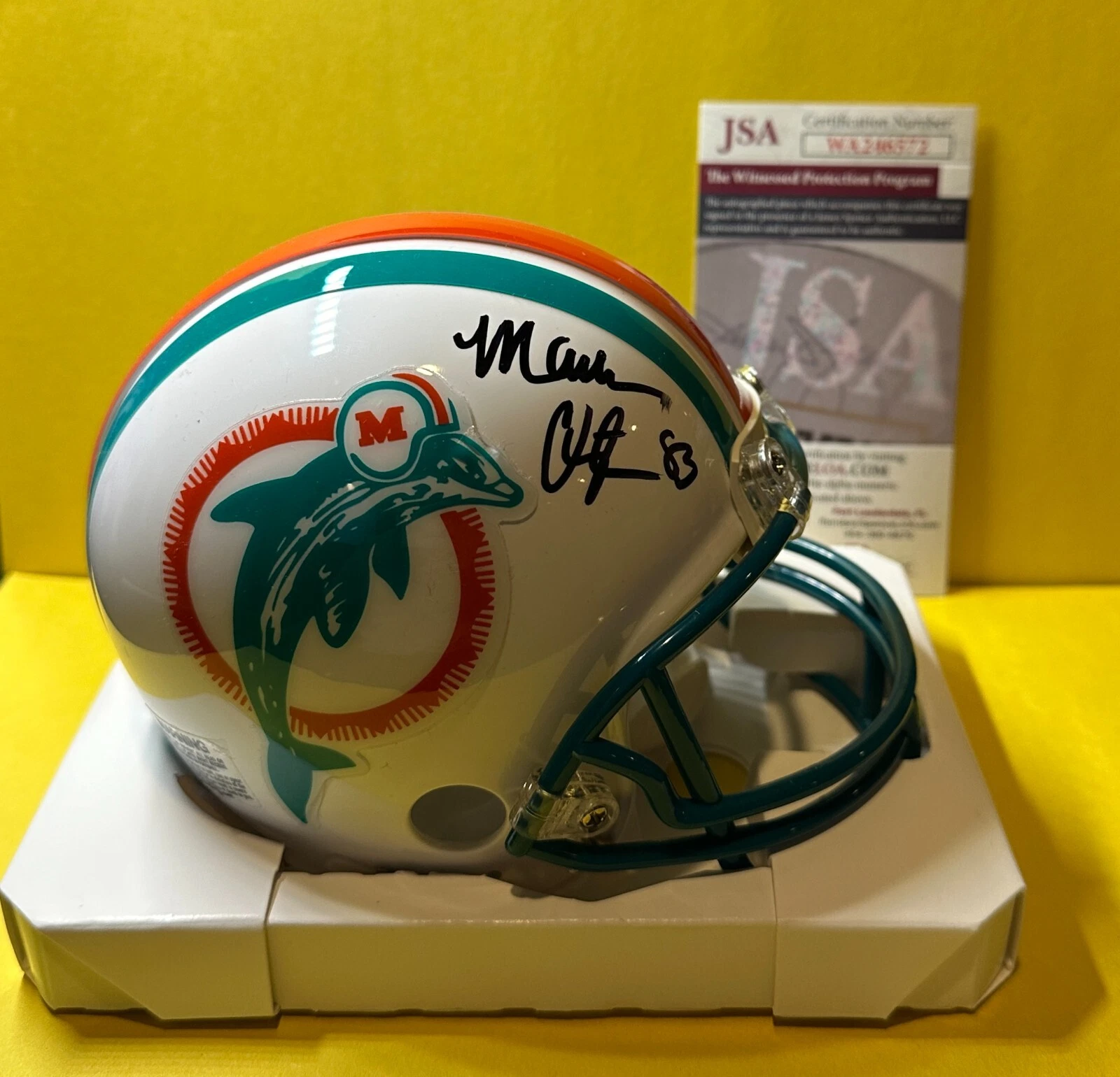 MARK CLAYTON MIAMI DOLPHINS SIGNED AUTOGRAPHED WHITE MINI HELMET JSA
