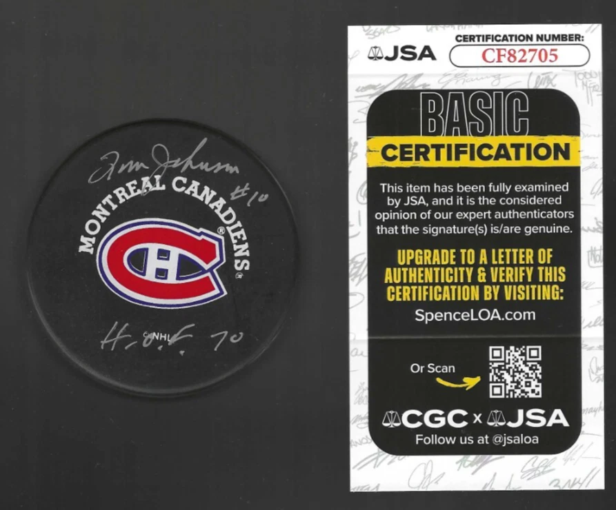 Tom Johnson Signed & Inscribed Montreal Canadiens Trench Souvenir Puck JSA COA