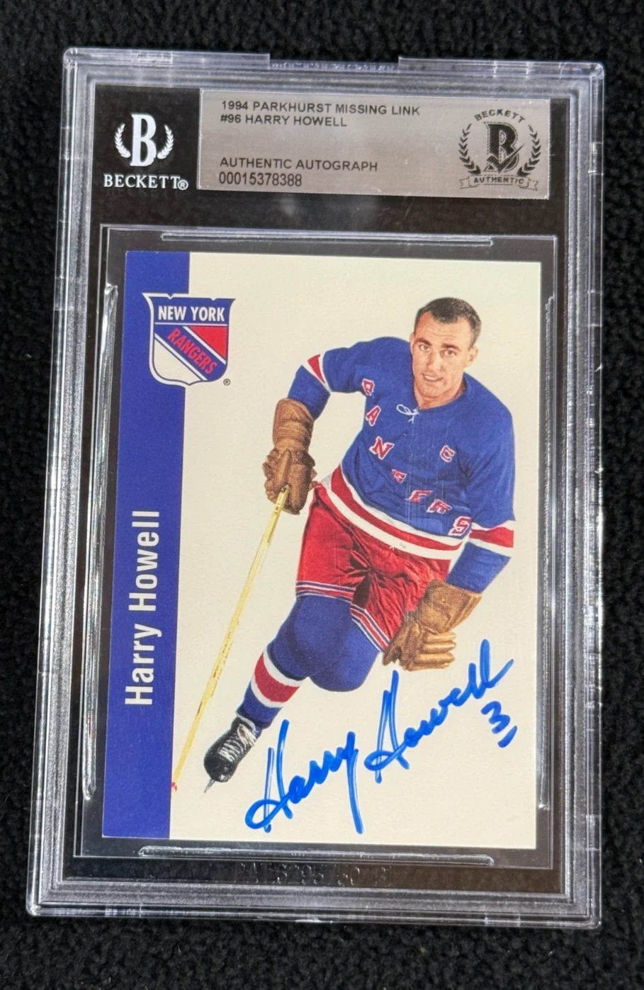Harry Howell Signed 1994 Parkhurst Card #96 Beckett Certified New York Rangers