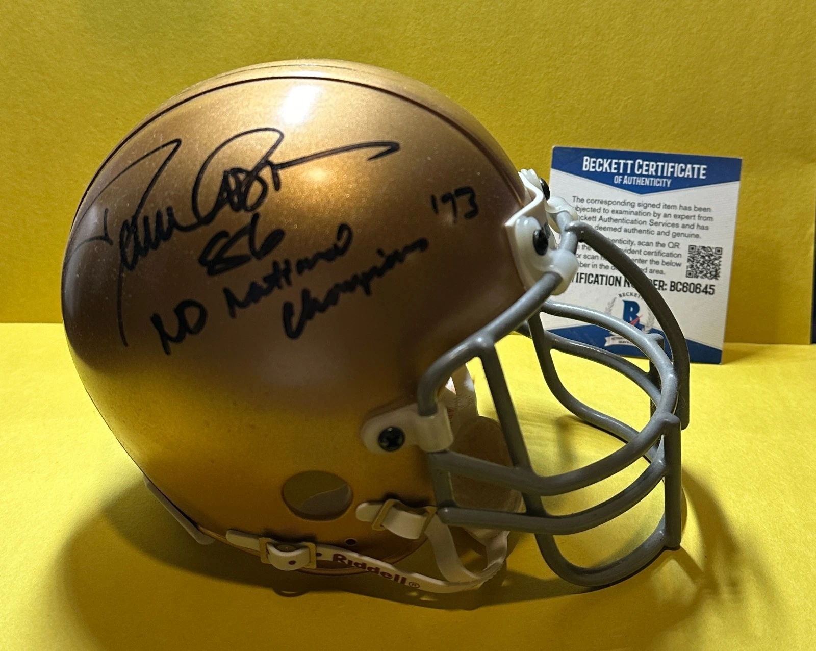 DAVE CASPER NOTRE DAME SIGNED AUTOGRAPHED GOLD MINI HELMET BAS 