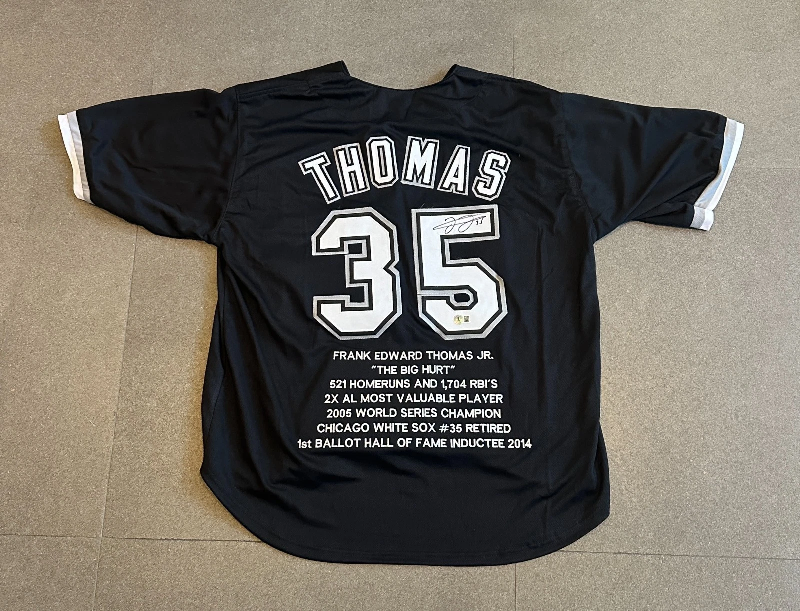 FRANK THOMAS WHITE SOX SIGNED AUTO STATISTIC BLACK STITCHED JERSEY SZ XL BECKETT