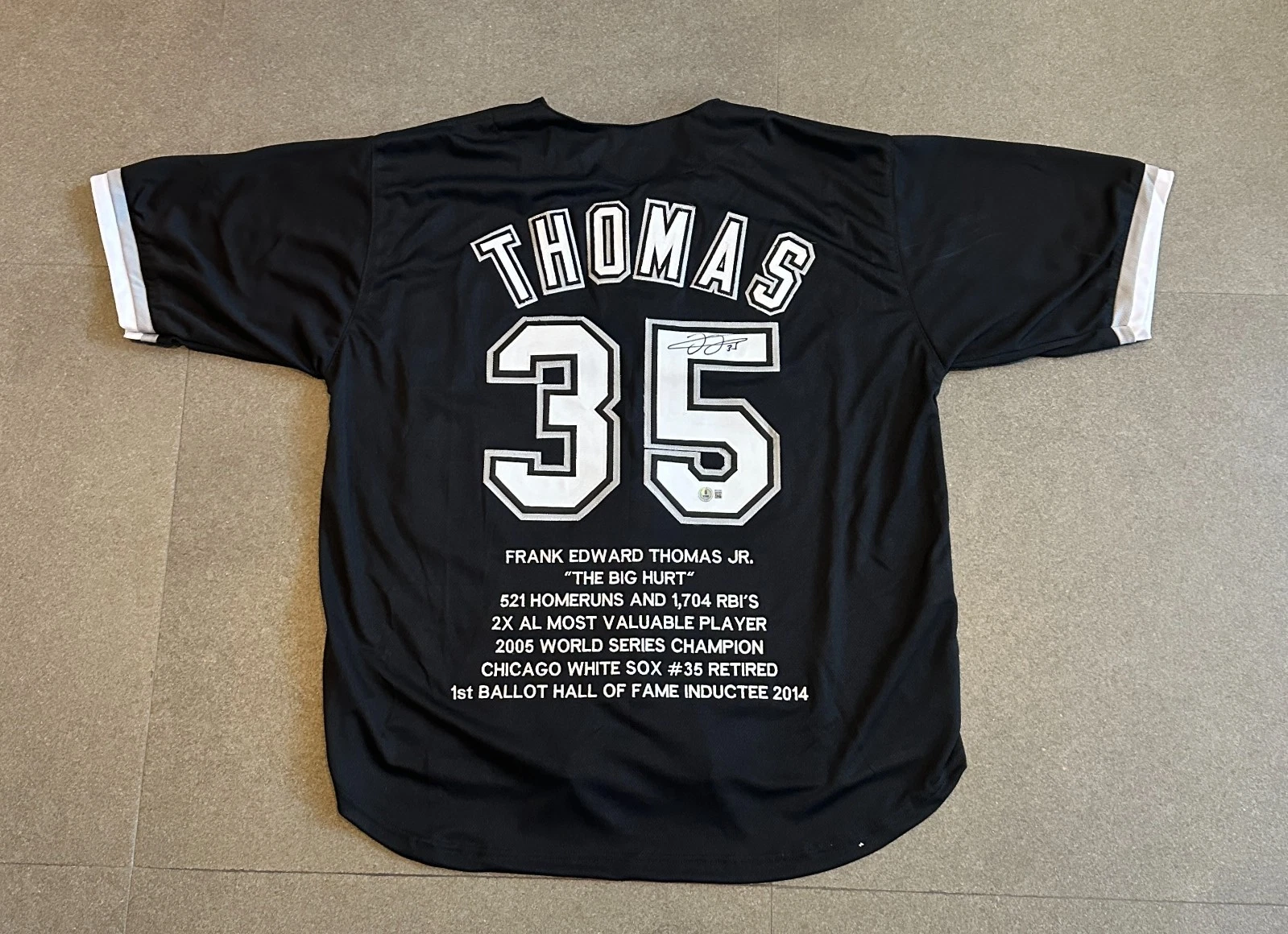 FRANK THOMAS WHITE SOX SIGNED AUTO STATISTIC BLACK STITCHED JERSEY SZ XL BECKETT
