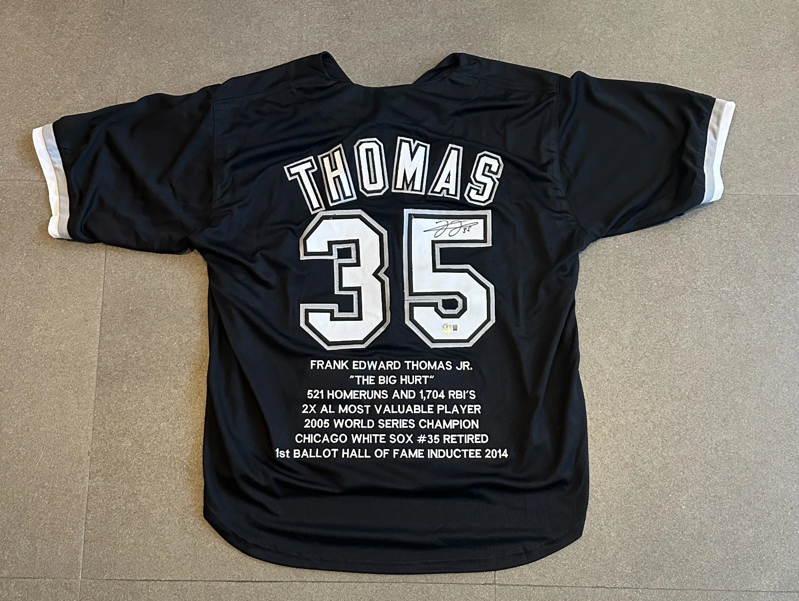 FRANK THOMAS WHITE SOX SIGNED AUTO STATISTIC BLACK STITCHED JERSEY SZ XL BECKETT