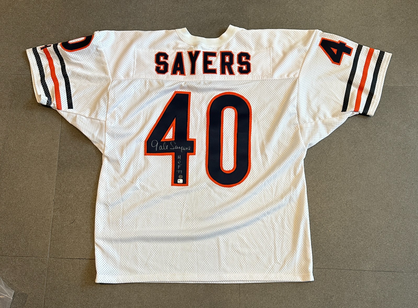 GALE SAYERS BEARS SIGNED AUTOGRAPHED WHITE JERSEY SZ XL GLOABL AUTHENTIC CERT